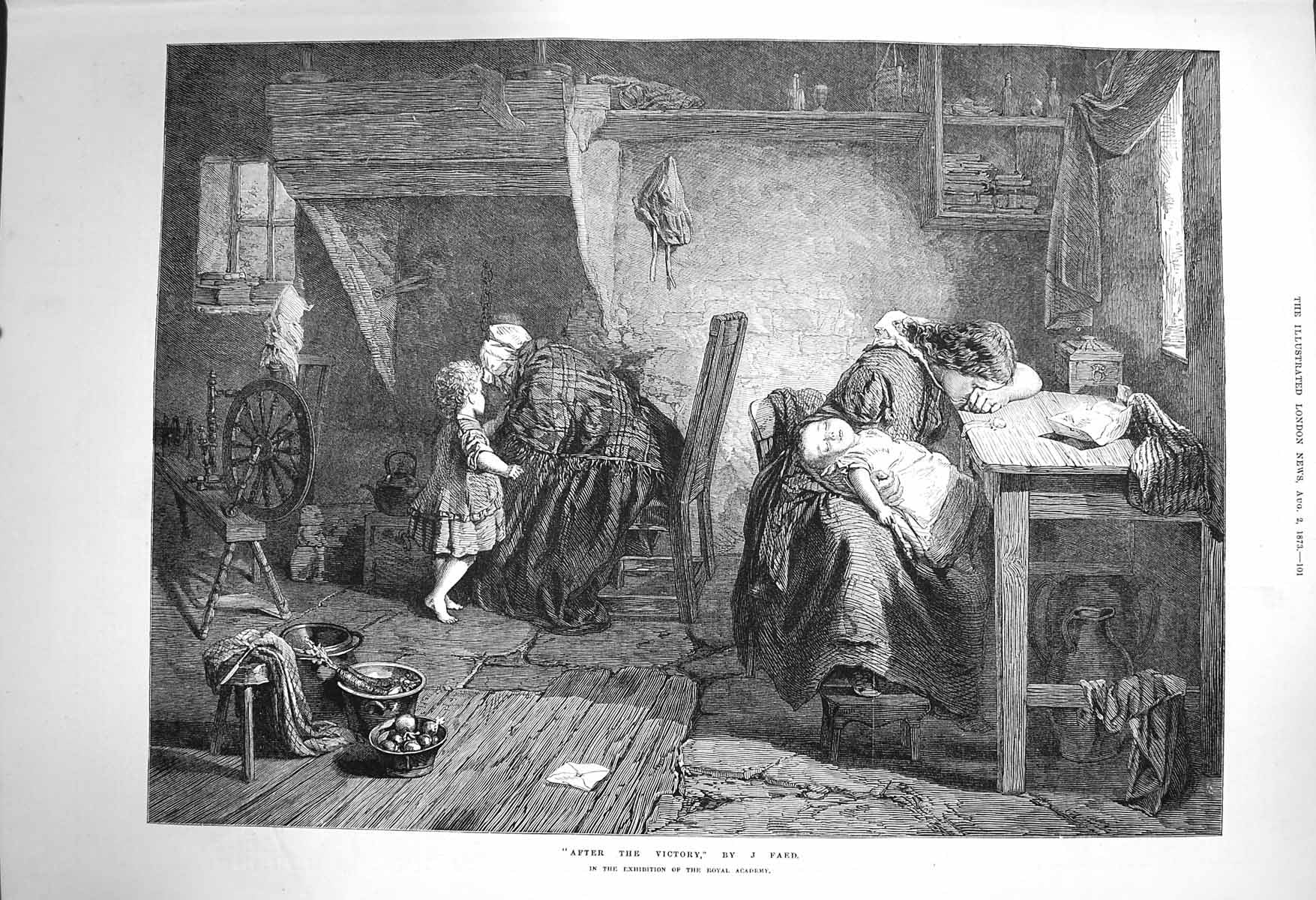 Original Old Antique Print 1873 Scene After Victory Family Home Spinning Wheel