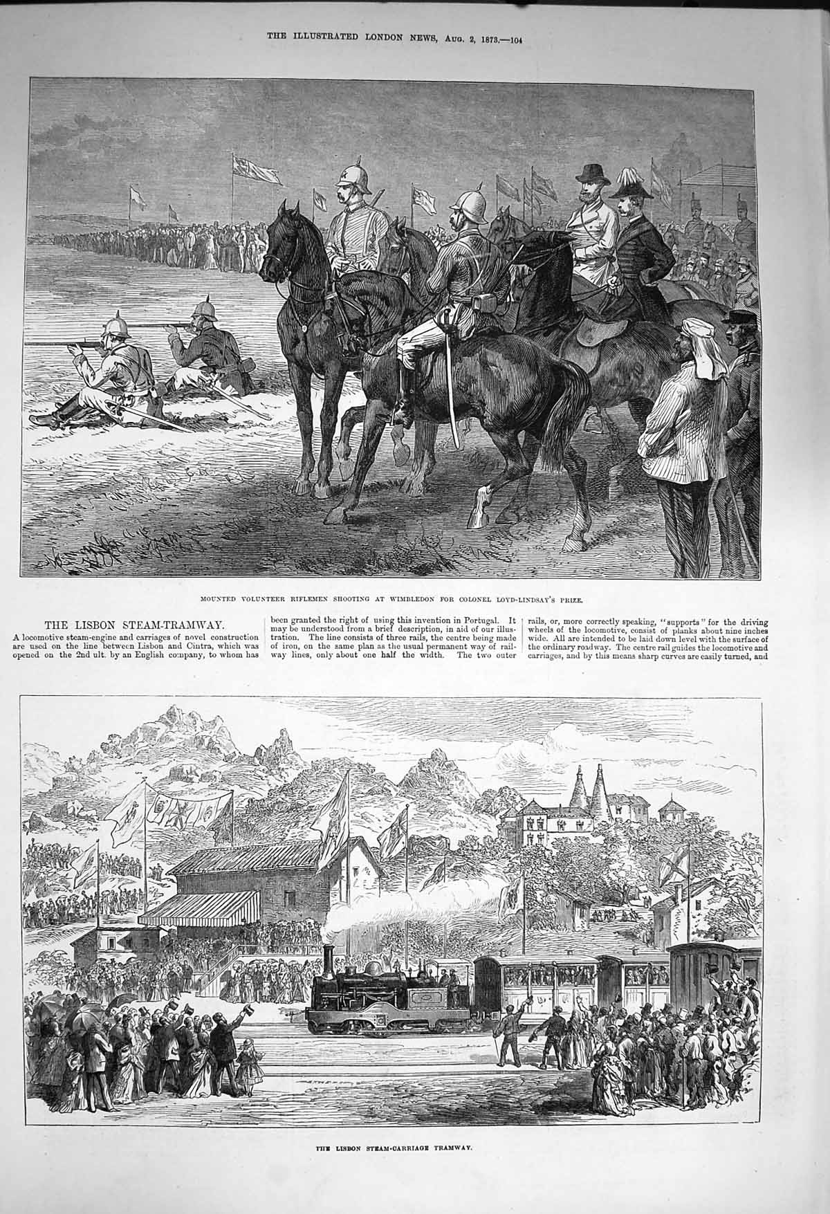 Original Old Antique Print 1873 Volunteer Riflemen Wimbledon Lisbon Steam Train