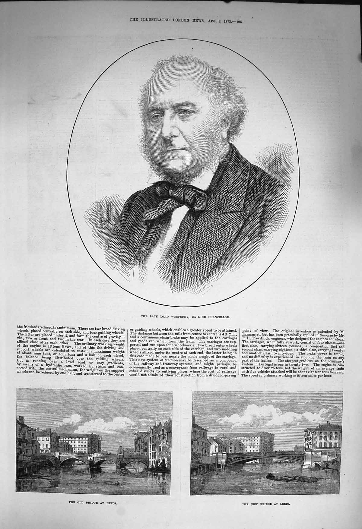 Original Old Antique Print 1873 Lord Westbury Chancellor New Bridge Leeds 19th