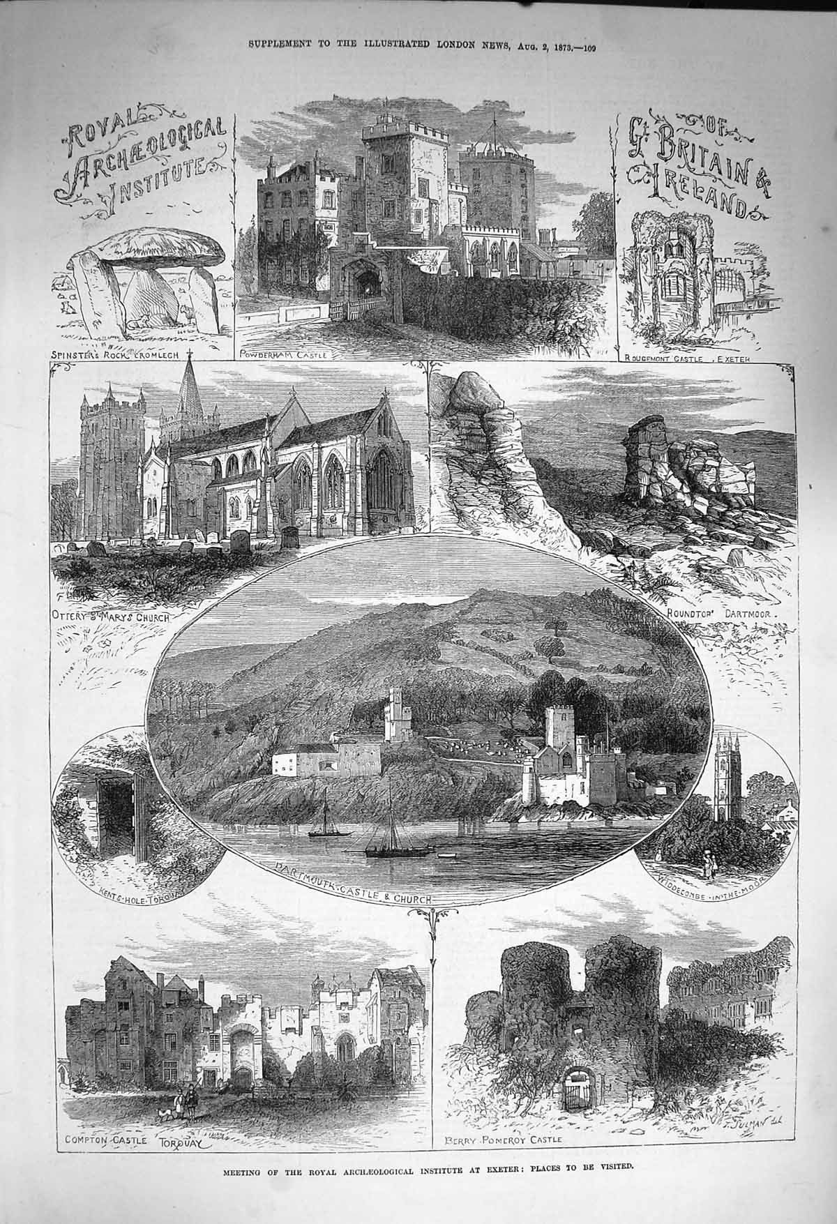 Original Old Antique Print 1873 Powderham Castle Pomeroy Compton Dartmoor 19th