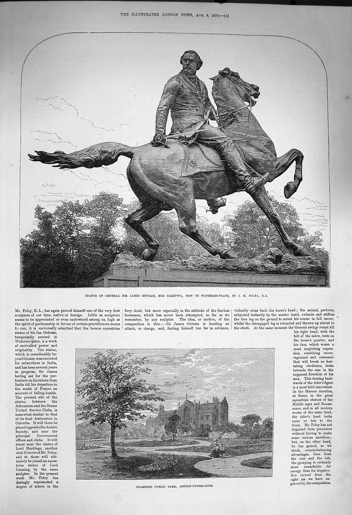 Original Old Antique Print 1873 Statue James Outram Stamford Ashton-Under-Lyne