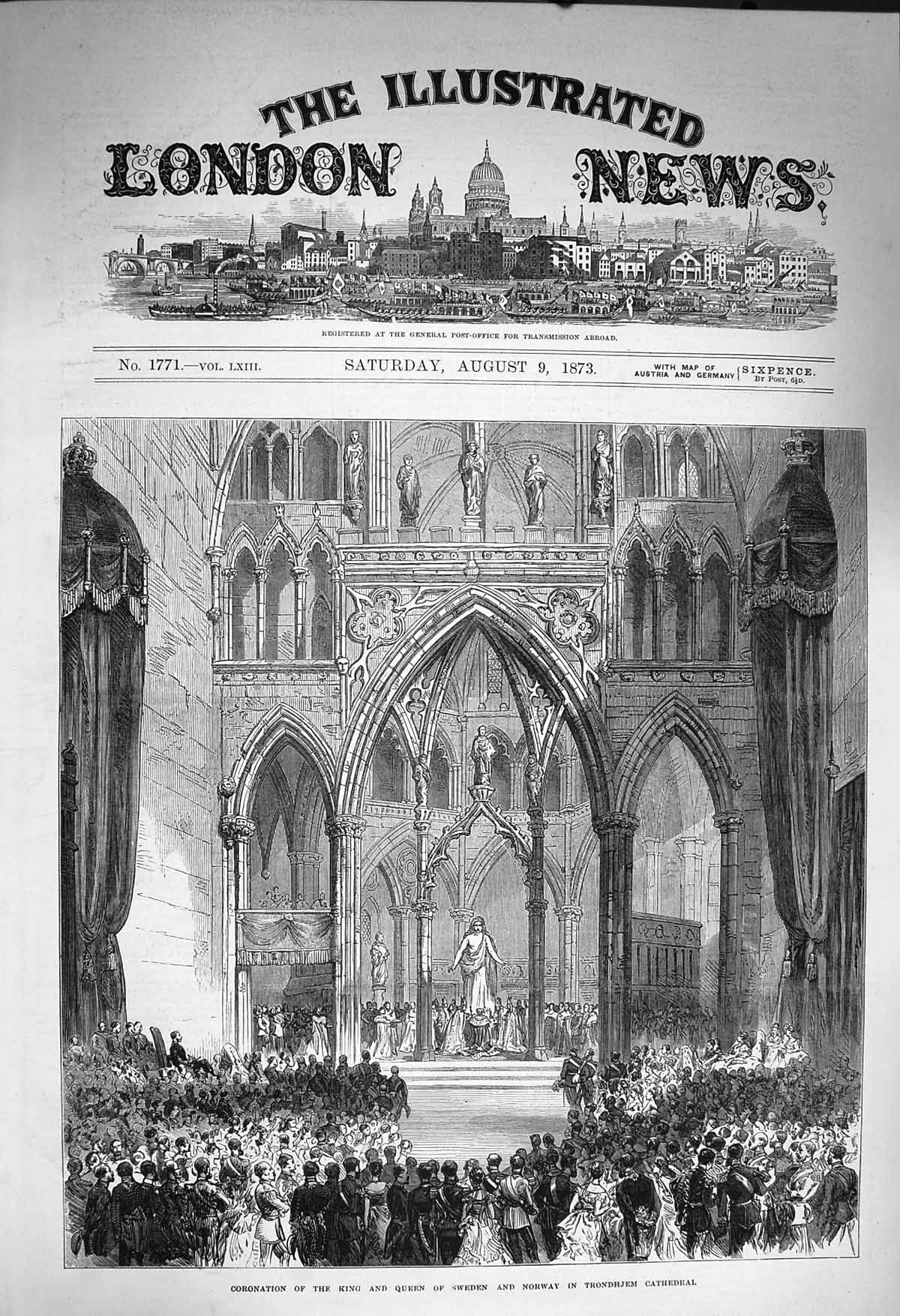 Old Antique Print 1873 Coronation King Queen Sweden Trondhjem Cathedral 19th