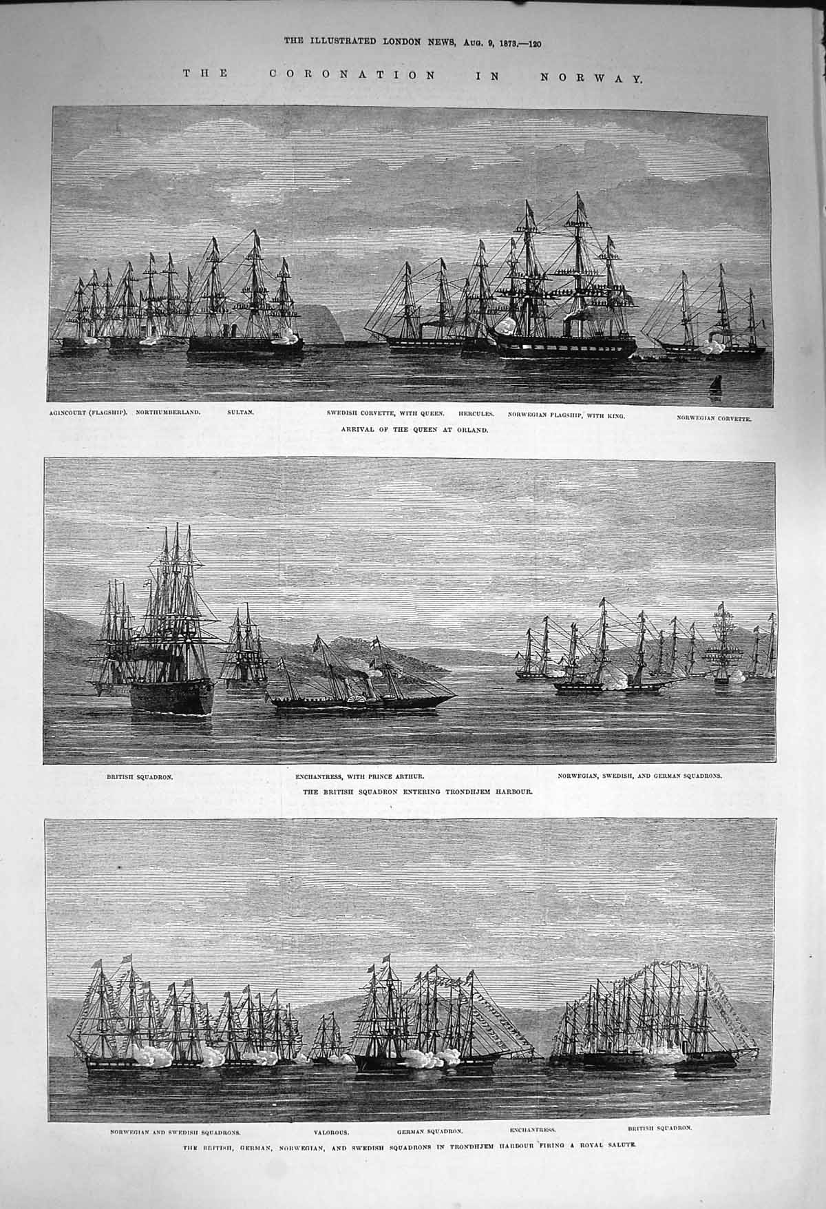 Original Old Antique Print 1873 Norway Ships Queen Orland Trondhjem V Victorian