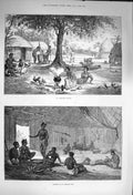 Original Old Antique Print 1873 Ashantee Village Africa Interior Natives Hut