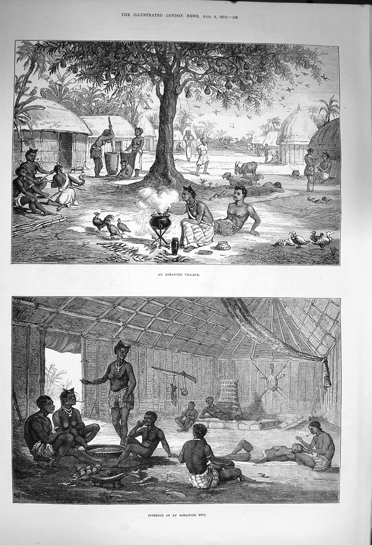 Original Old Antique Print 1873 Ashantee Village Africa Interior Natives Hut