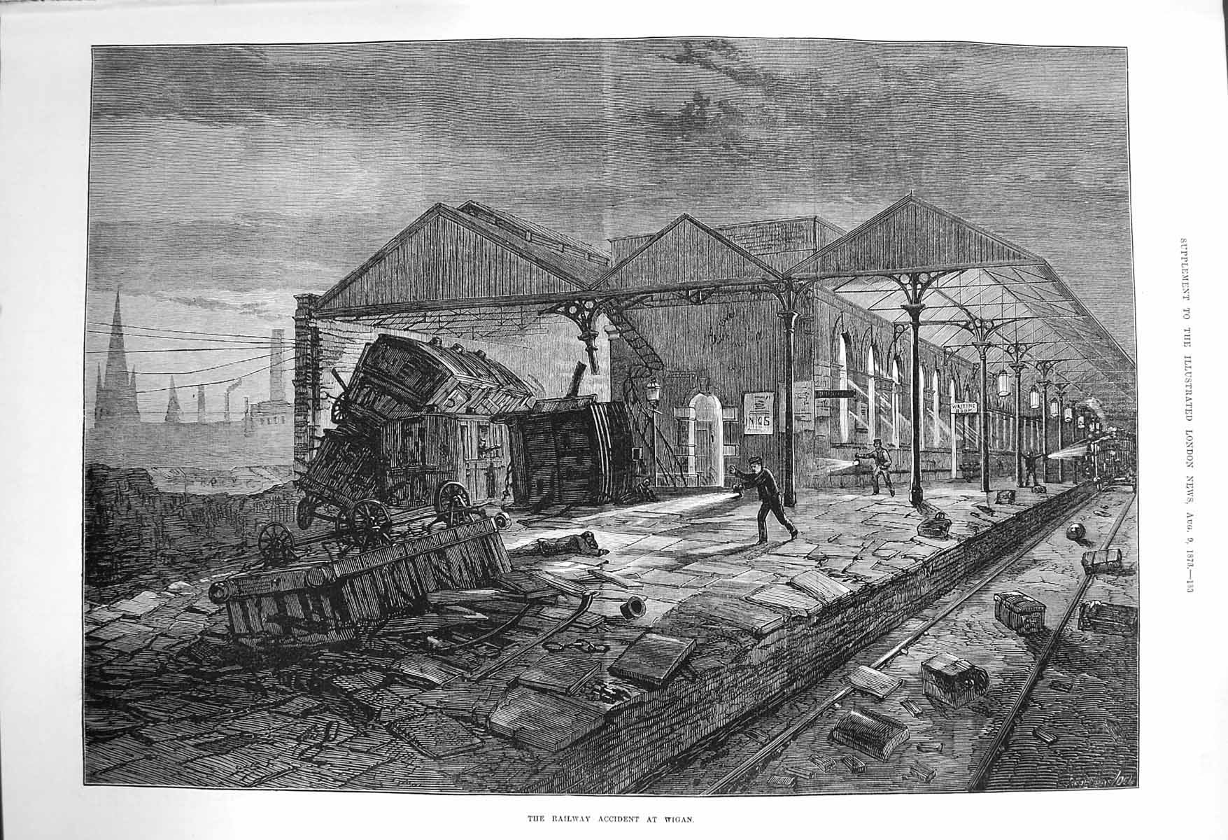 Original Old Antique Print 1873 Railway Accident Wigan Train Bishop Church Tyne