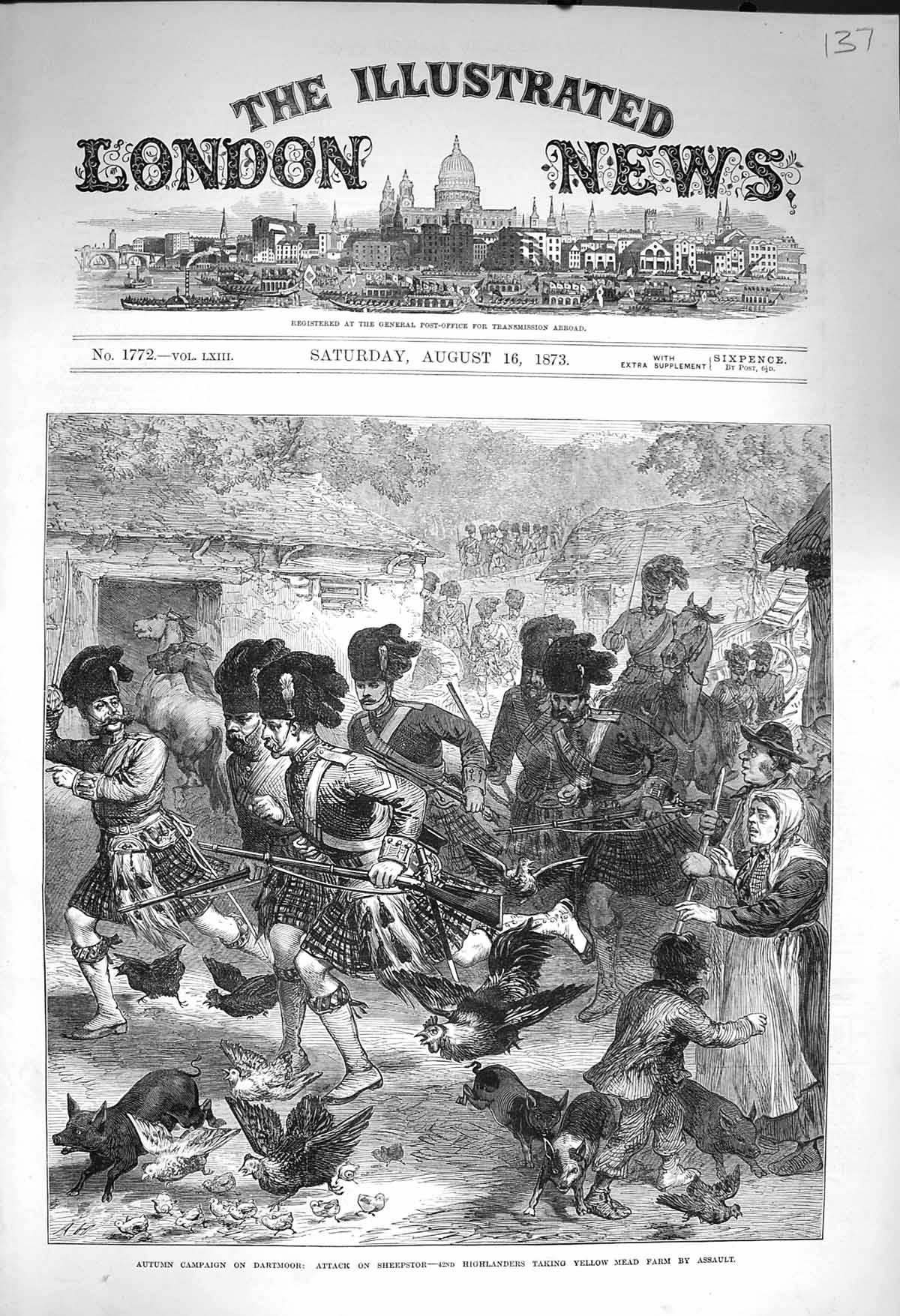 Antique Old Print *3988 1873 Dartmoor Attack Sheepstor Highlanders Mead Farm