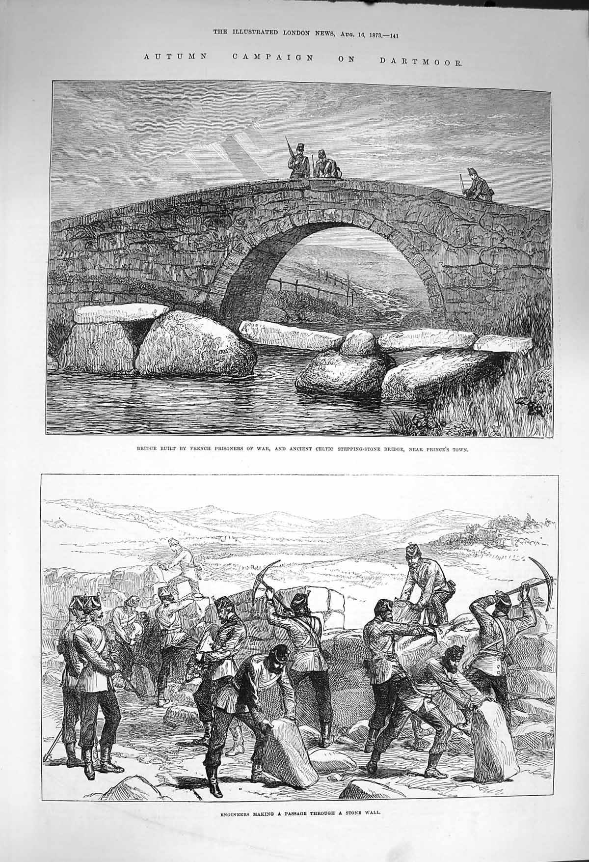 Original Old Antique Print 1873 Dartmoor Bridge Celtic Prince'S Town Engineers