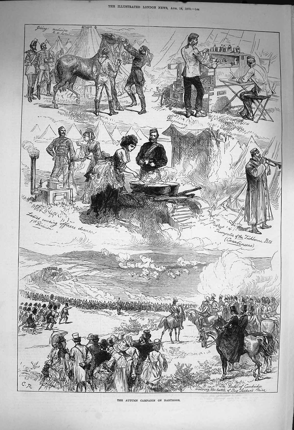 Original Old Antique Print 1873 Autumn Campaign Dartmoor Siers Horses Camp 19th