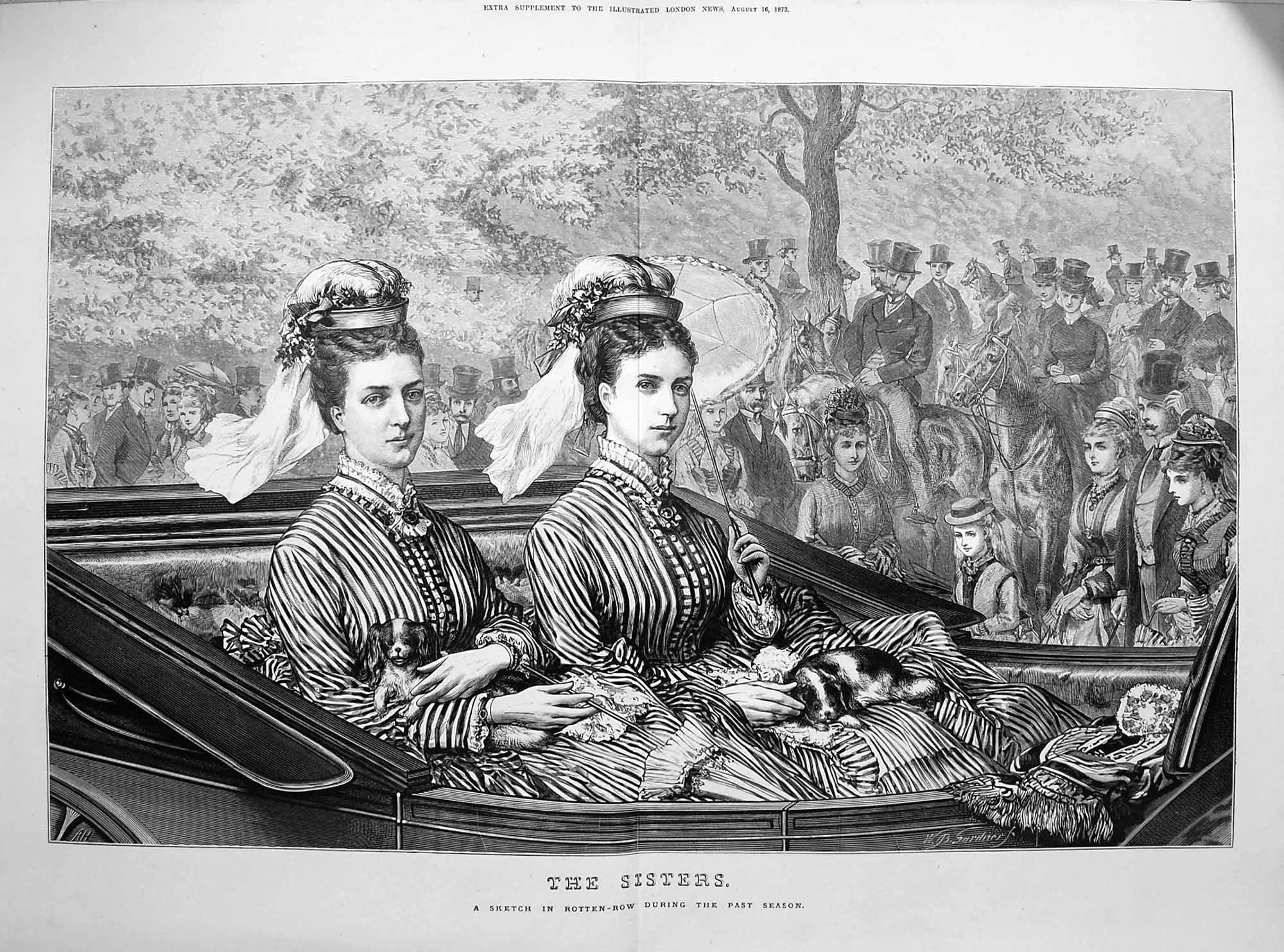 Original Old Antique Print 1873 Rotten-Row Scene Carriage Sisters Horses Park