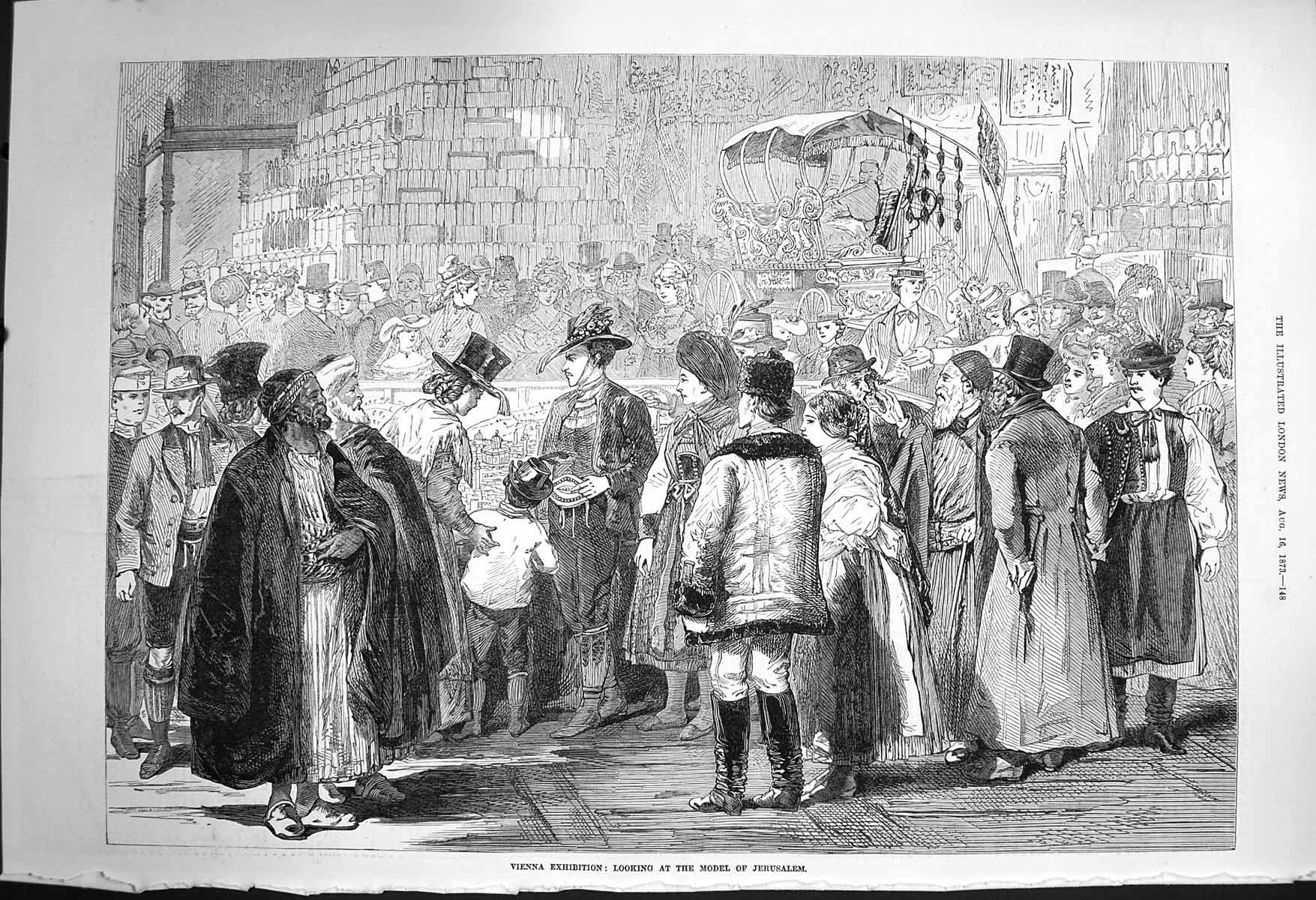 Original Old Antique Print 1873 Vienna Exhibition Looking Model Jerusalem 19th