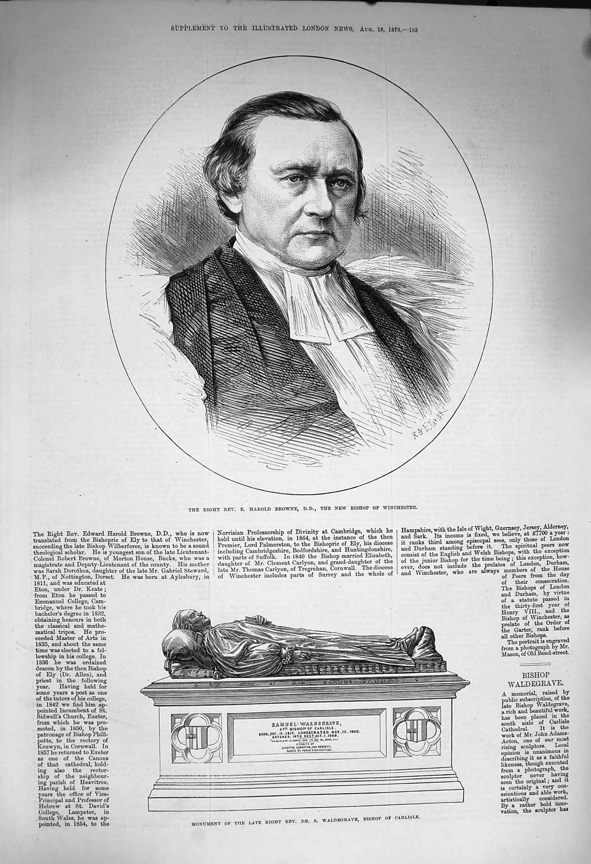 Original Old Antique Print 1873 Rev. HarBrowne Bishop Winchester Waldegrave
