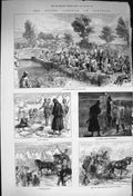 Original Old Antique Print 1873 Dartmoor Volunteers River Tram Car Camp Siers