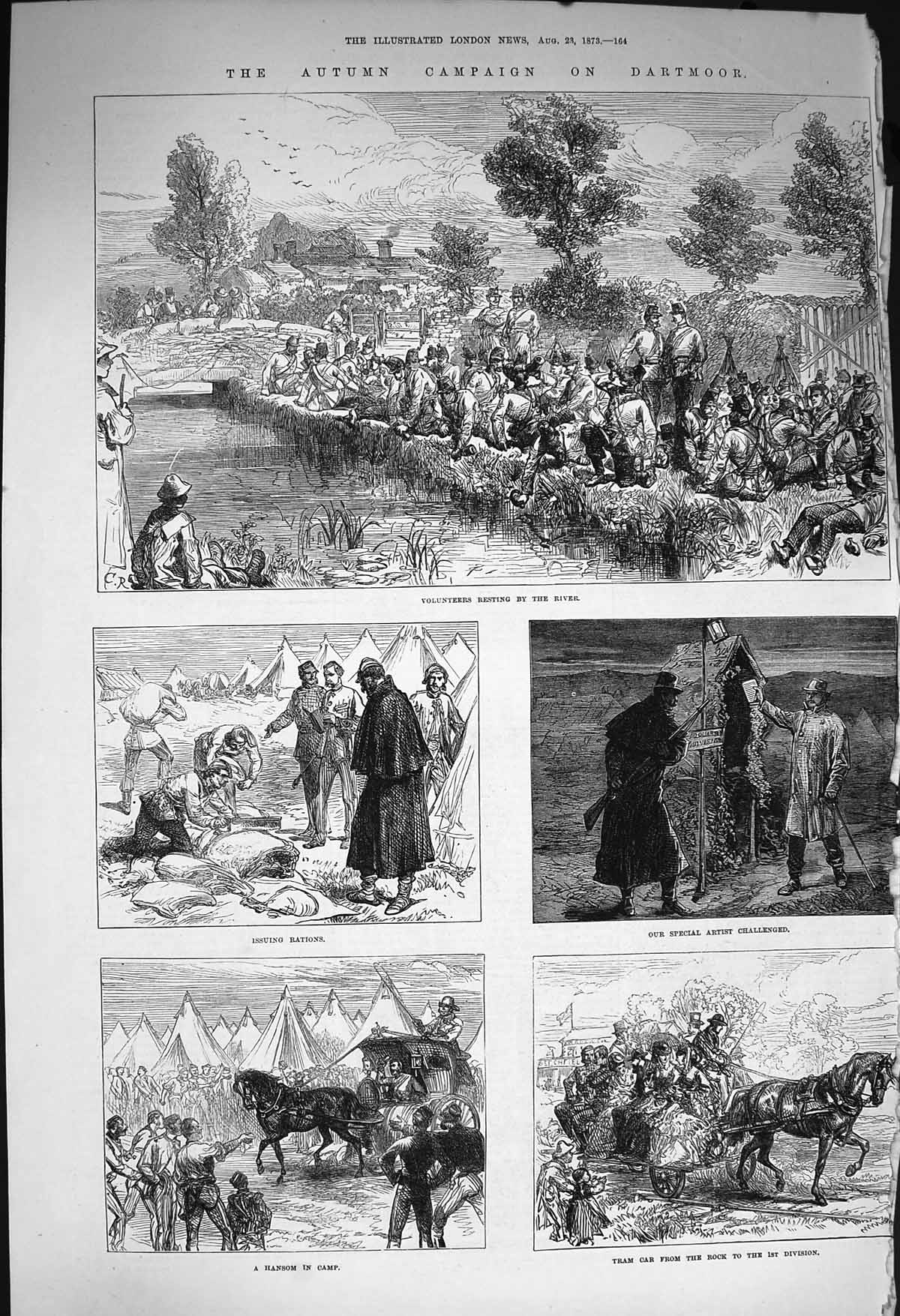 Original Old Antique Print 1873 Dartmoor Volunteers River Tram Car Camp Siers