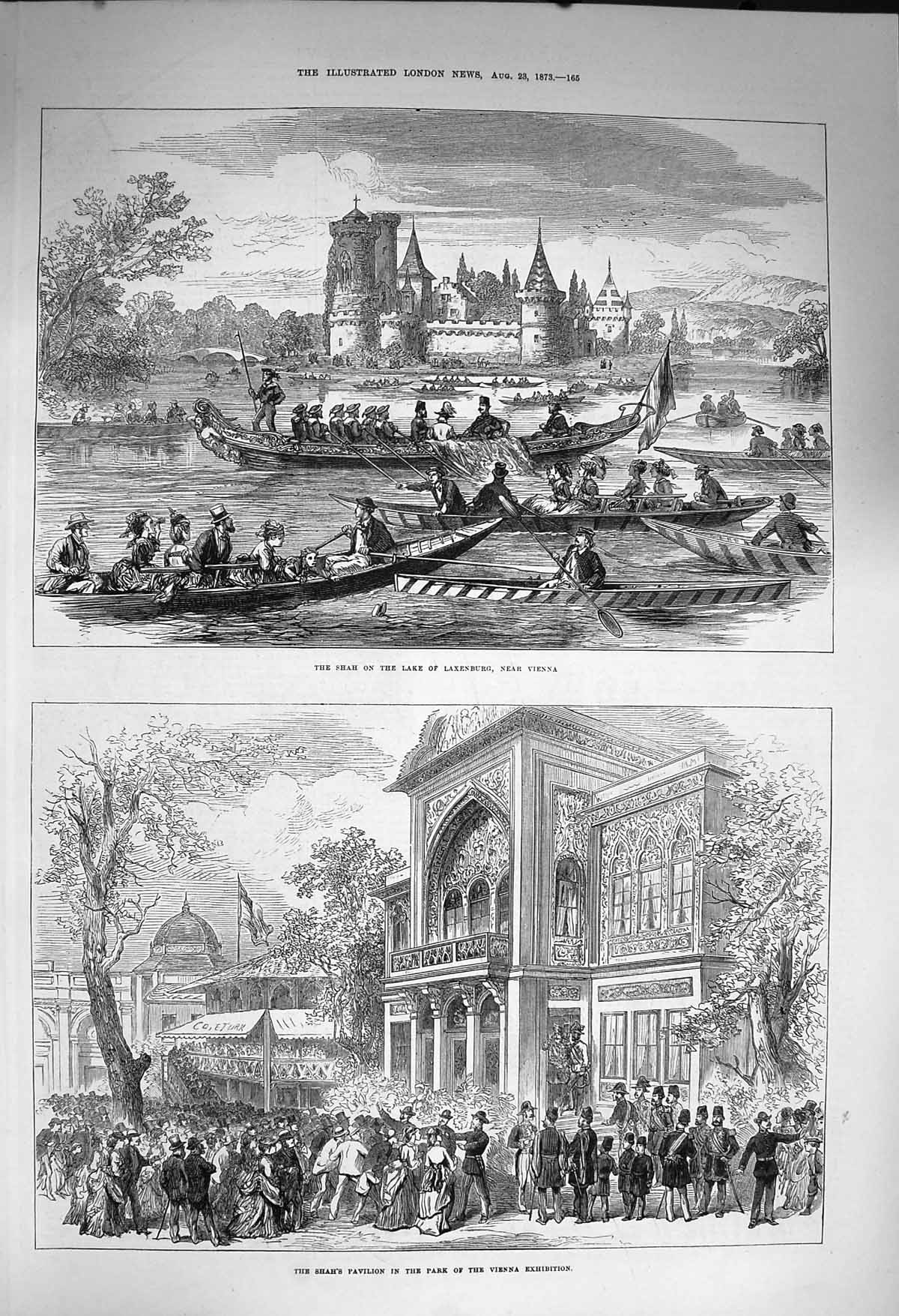 Original Old Antique Print 1873 Shah Lake Laxenburg Vienna Pavilion Park 19th