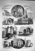 Old Antique Print 1873 Sheffield Rotherham Chapel Abbey Tickhill Castle 19th