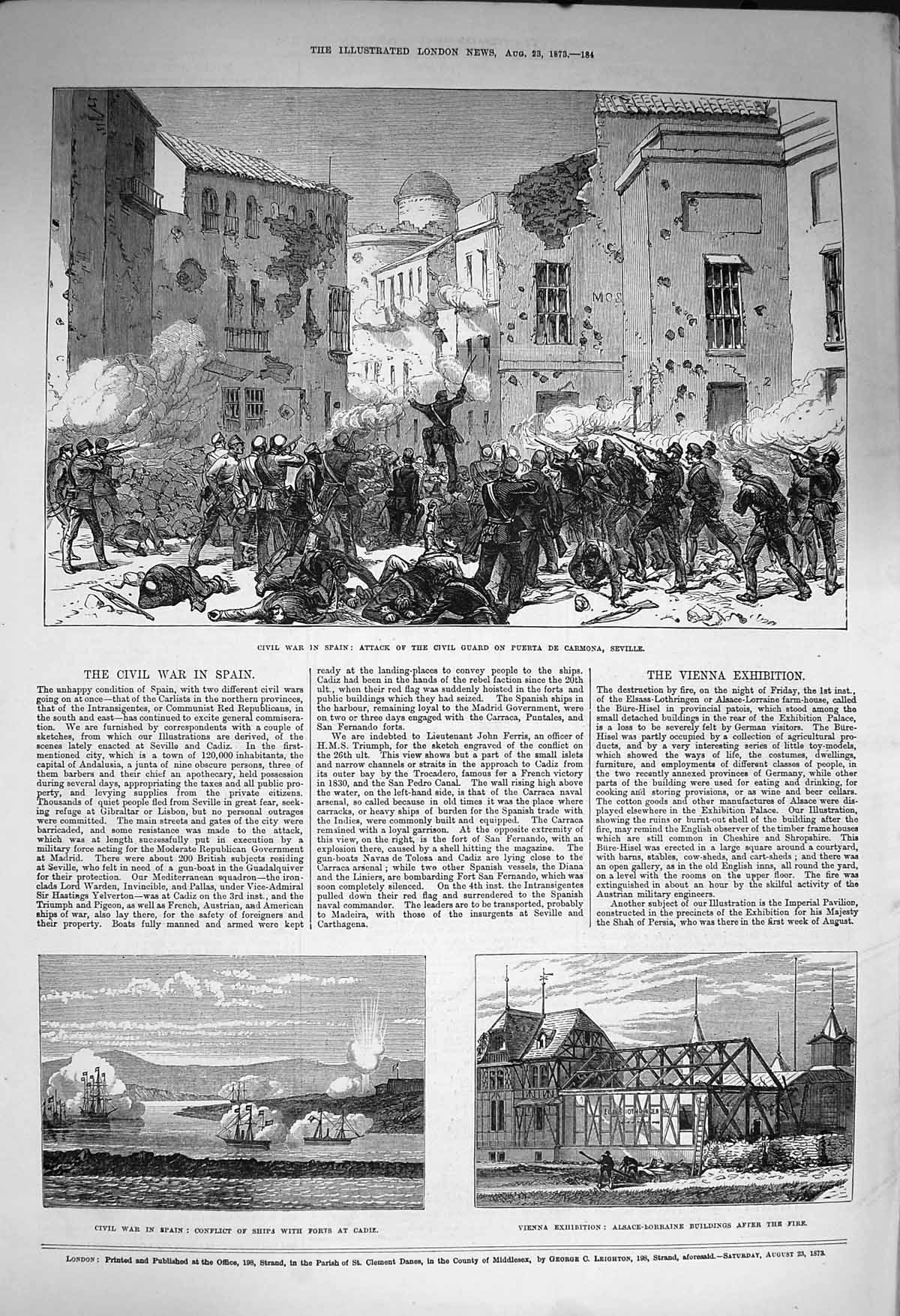 Old Antique Print 1873 War Spain Civil Guard Puerta Carmona Ships Cadiz 19th