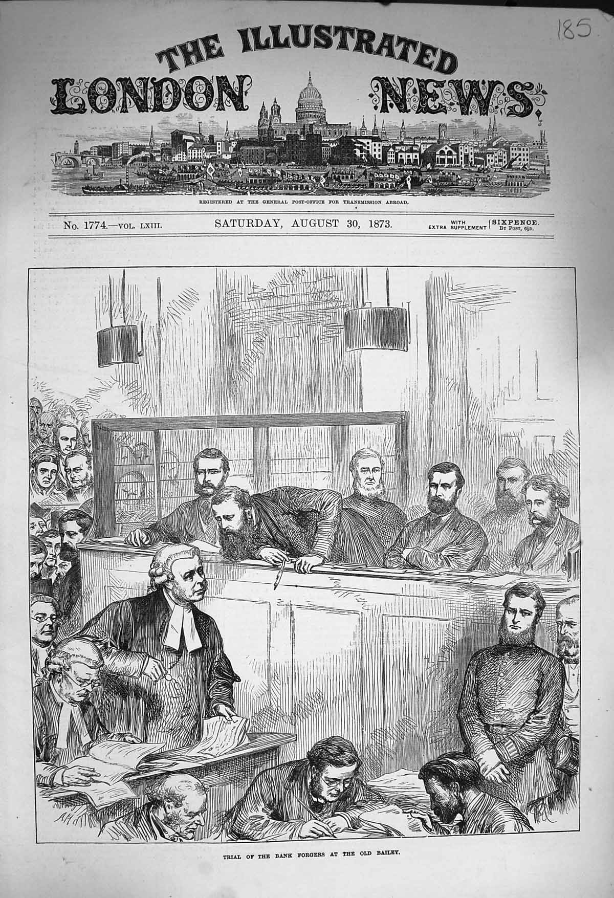 Original Old Antique Print 1873 Scene Trial Bank Forgers Bailey Court Victorian