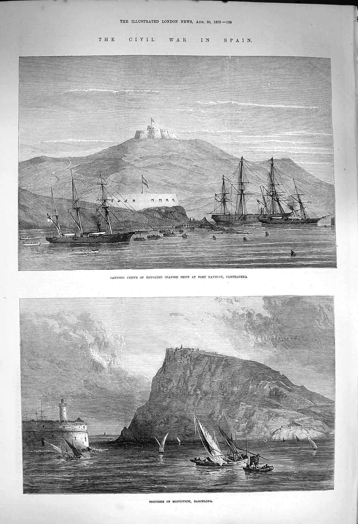 Old Antique Print 1873 Civil War Spain Fort Navidad Carthagena Montjuich 19th