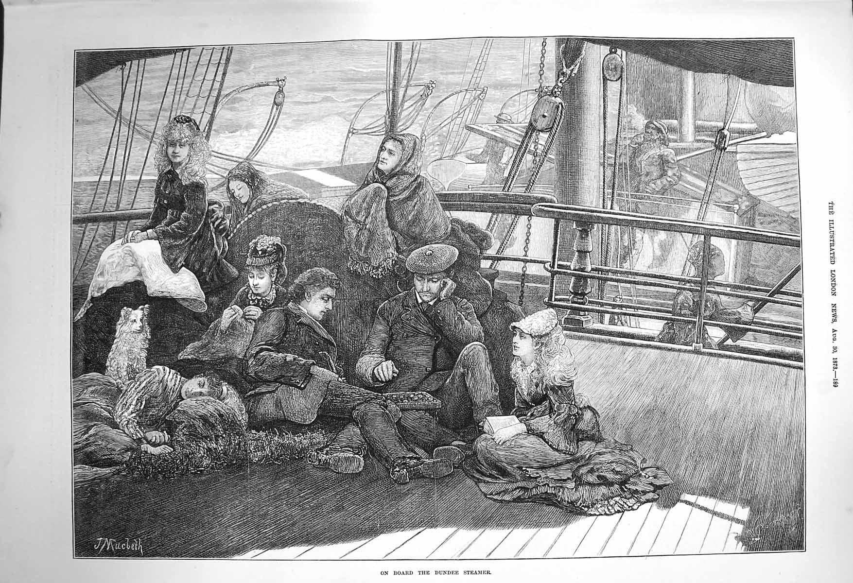 Original Old Antique Print 1873 Scene Board Dundee Steamer Passengers Ship 19th