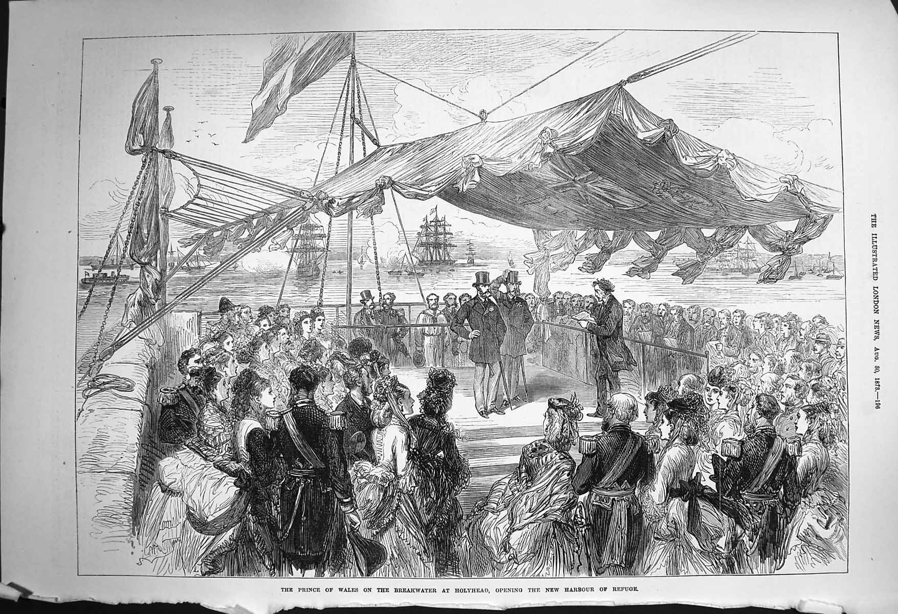 Original Old Antique Print 1873 Prince Wales Breakwater Holyhead Harbour 19th