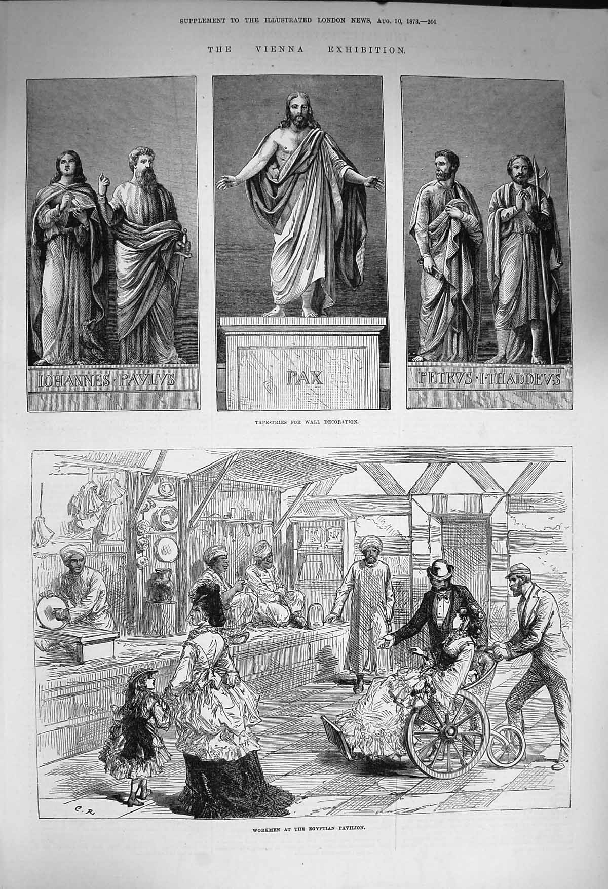 Original Old Antique Print 1873 Vienna Exhibition Tapestry Workmen Egyptian