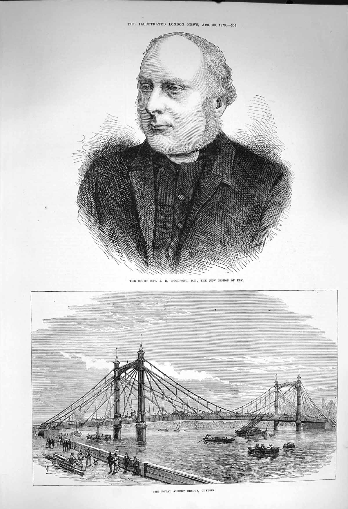 Original Old Antique Print 1873 Rev. Woodford Bishop Ely Albert Bridge Chelsea