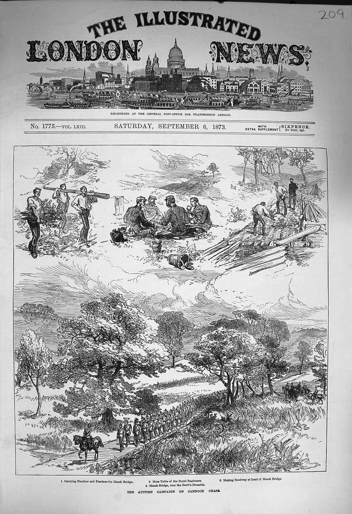 Original Old Antique Print 1873 Cannock Chase Marsh Bridge Devil'S Drumble Army
