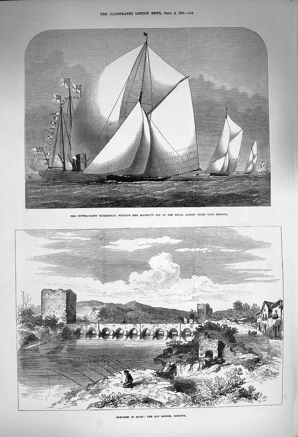 Old Antique Print 1873 Bridge Cordova Spain Cutter-Yacht Kriemhilda Cup 19th