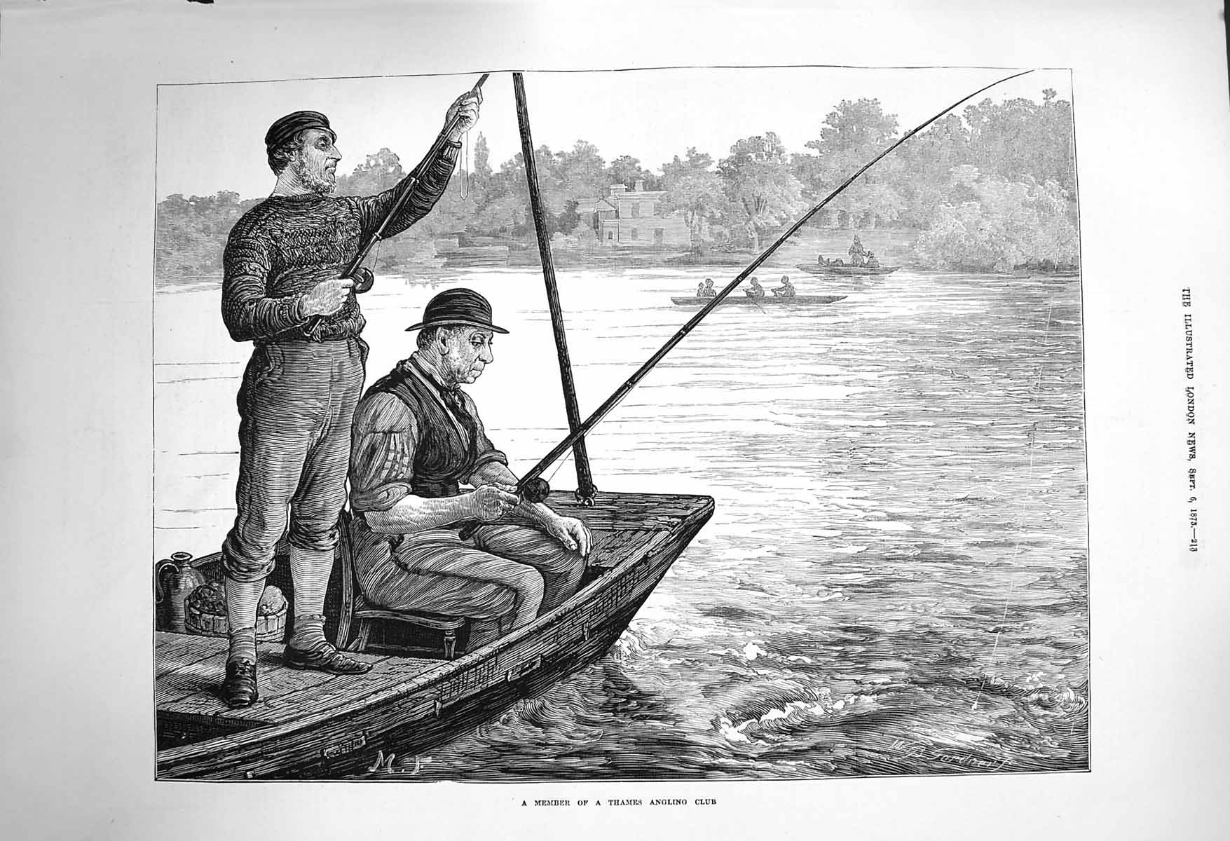 Original Old Antique Print 1873 Member River Thames Angling Club Fishing Boat