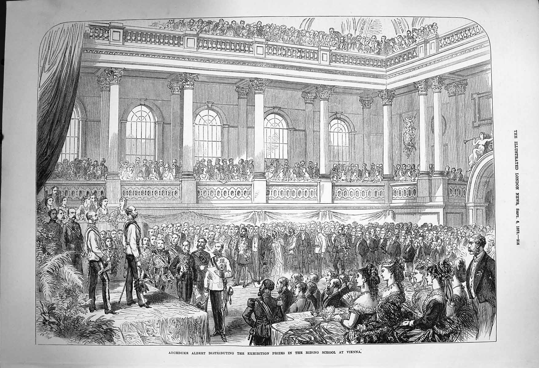 Original Old Antique Print 1873 Archduke Albert Prizes Riding School Vienna