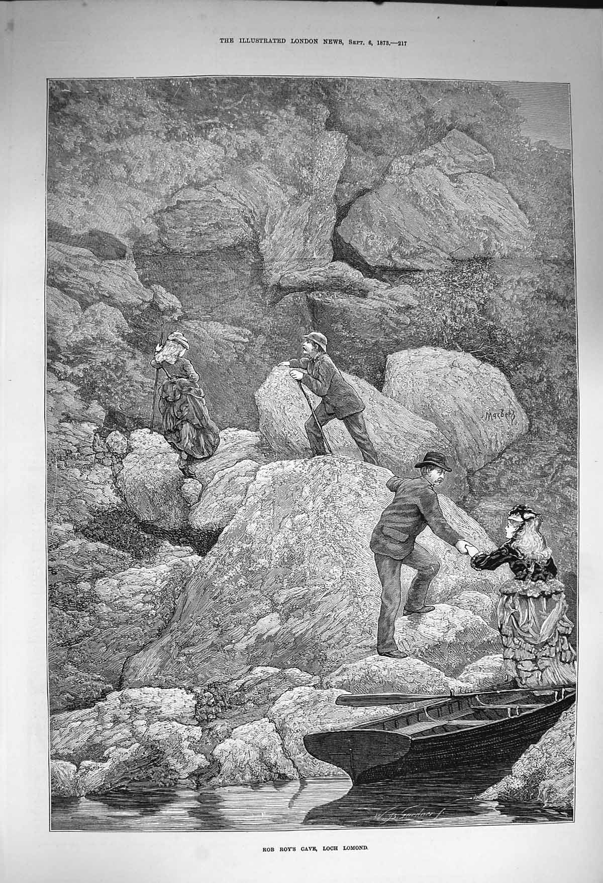 Original Old Antique Print 1873 Rob Roy'S Cave Loch Lomond Scotland Sea Boat