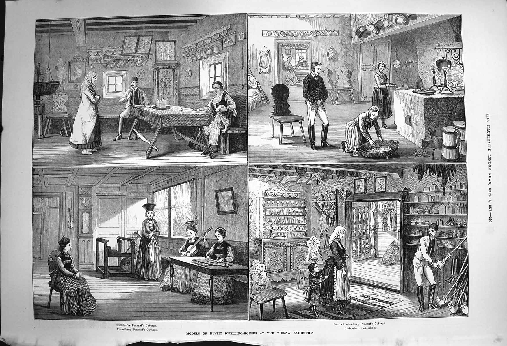Original Old Antique Print 1873 Models Rustic Dwelling Houses Vienna Exhibition