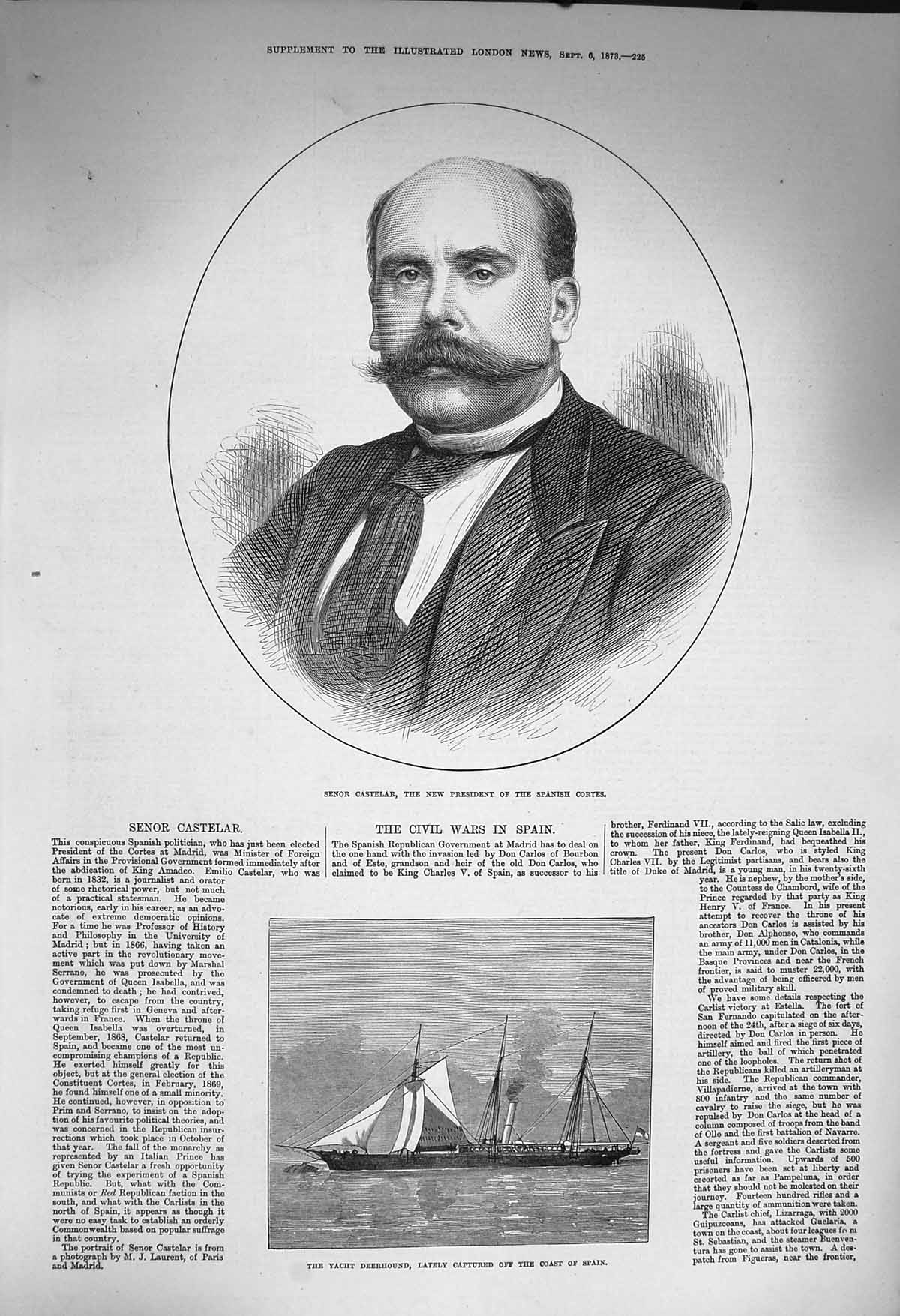 Original Old Antique Print 1873 Senor Castelar Spanish Cortes Yacht Deerhound
