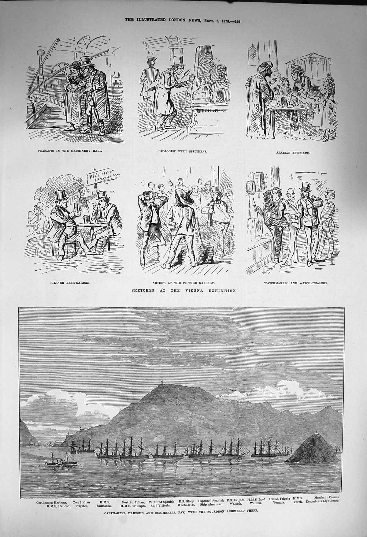 Original Old Antique Print 1873 Carthagena Harbour Ships Julian Triumph Vienna