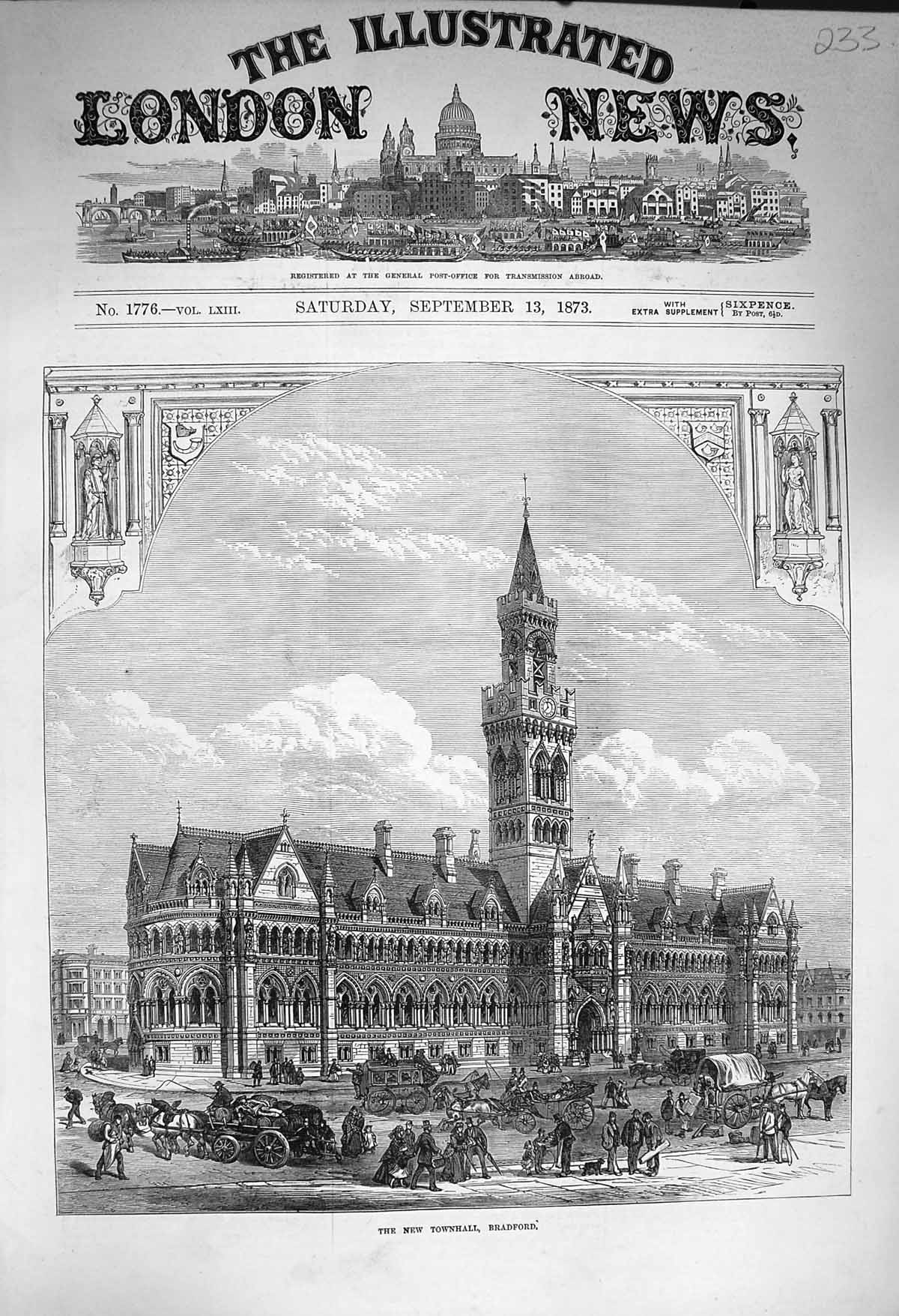 Original Old Antique Print 1873 Exterior New Townhall Bradford Archi Victorian