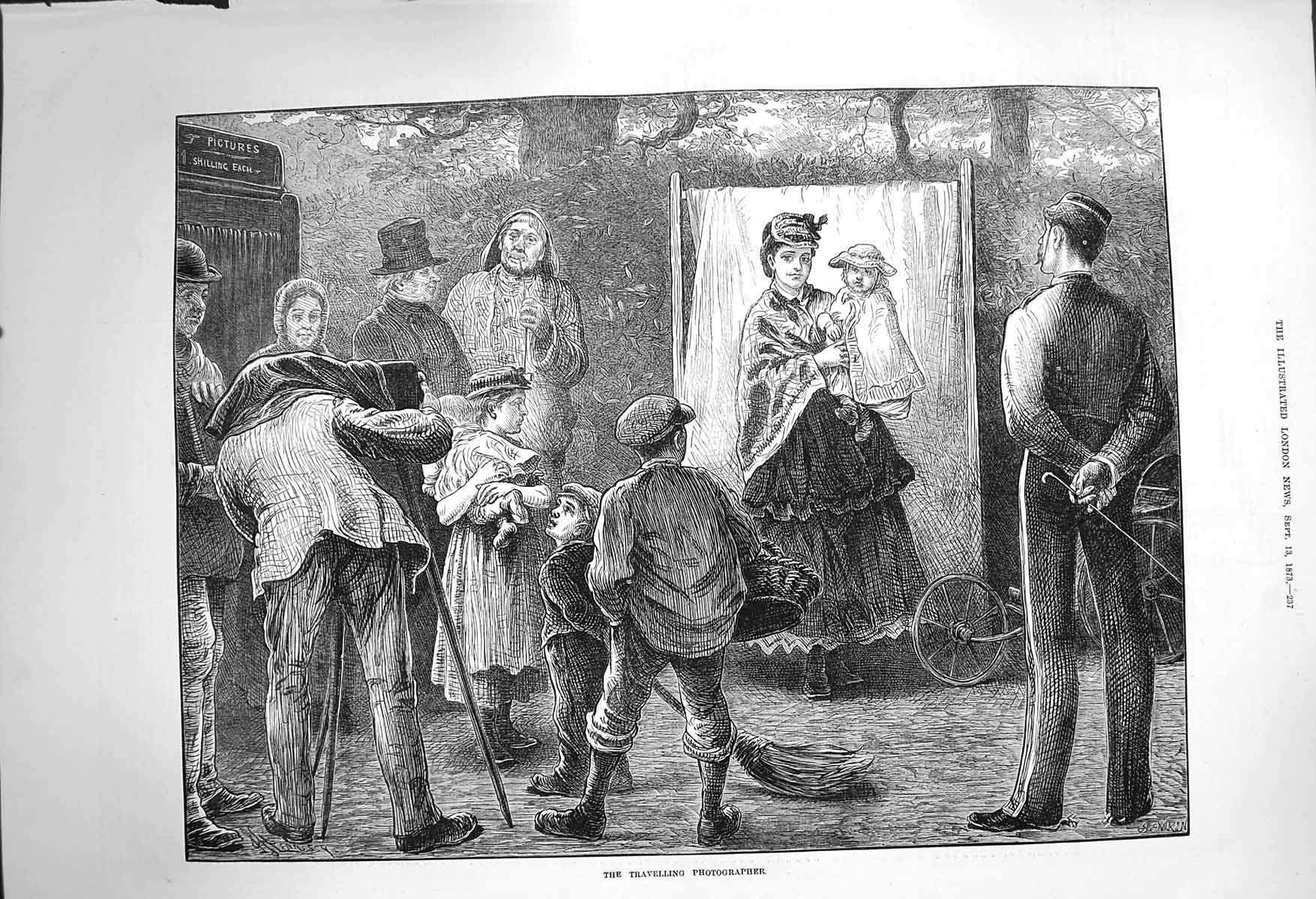 Original Old Antique Print 1873 Travelling Photographer Family Portrait Scene