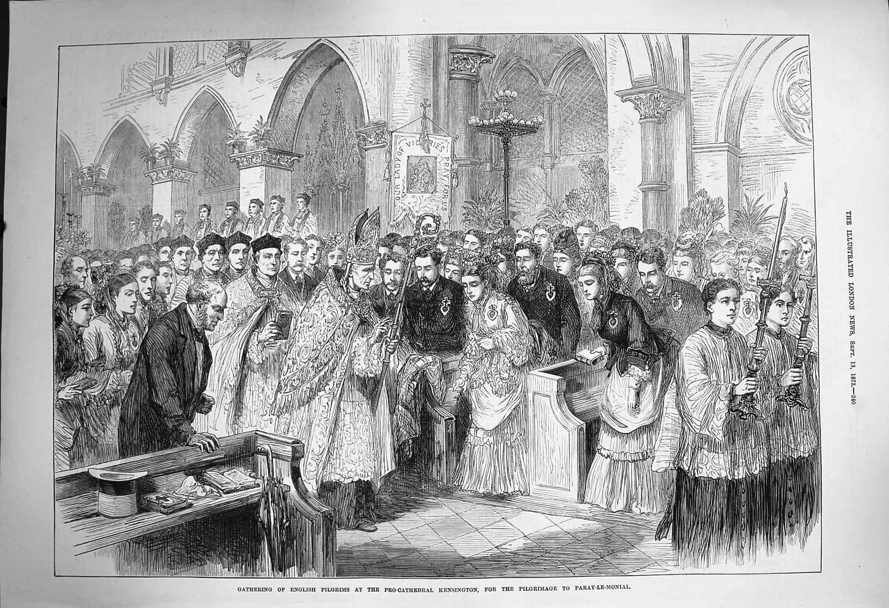 Original Old Antique Print 1873 English Pilgrims Kensington Paray-Le-Monial
