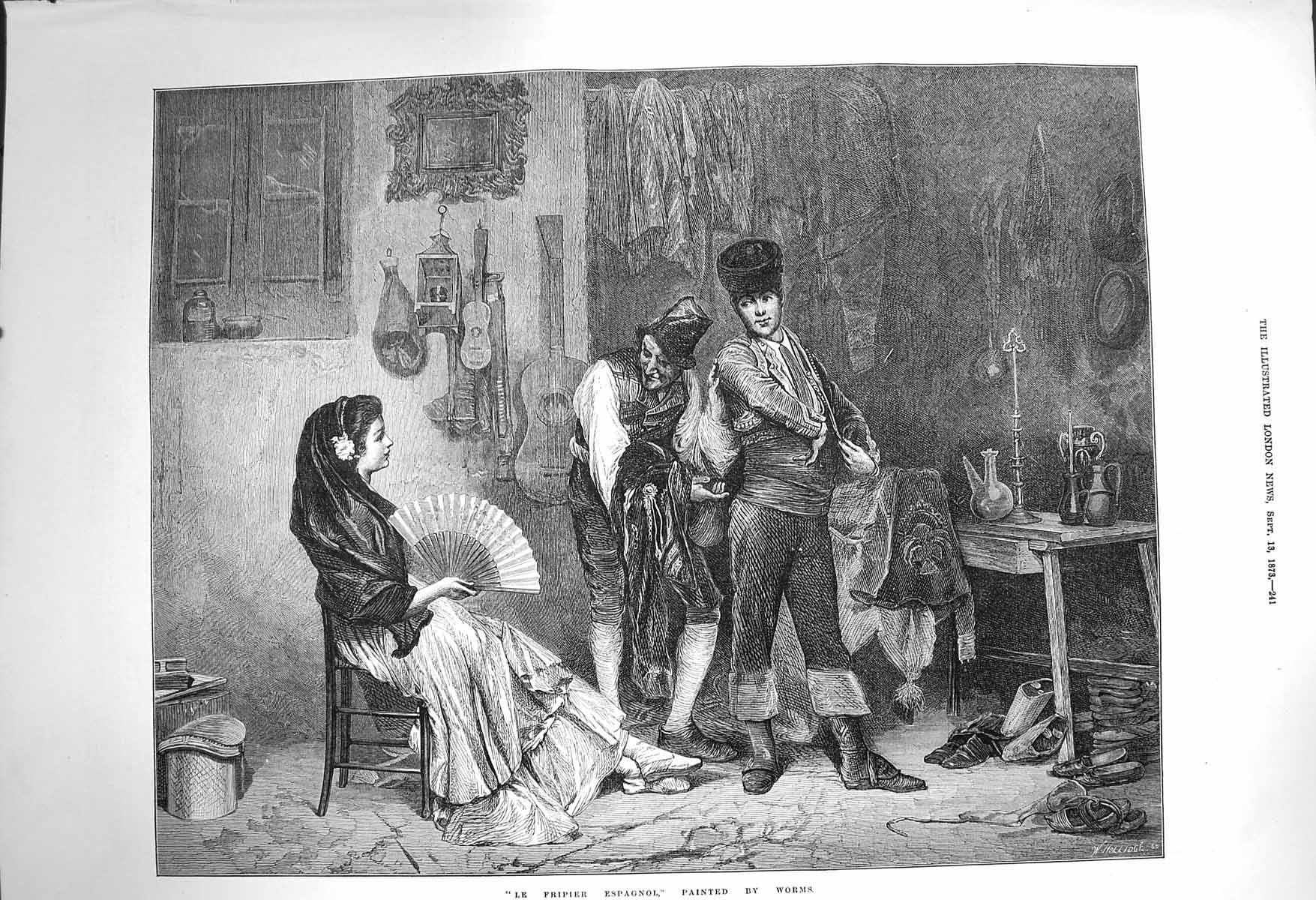 Original Old Antique Print 1873 Le Fripier Espagnol Spanish Lady Men Fine Art