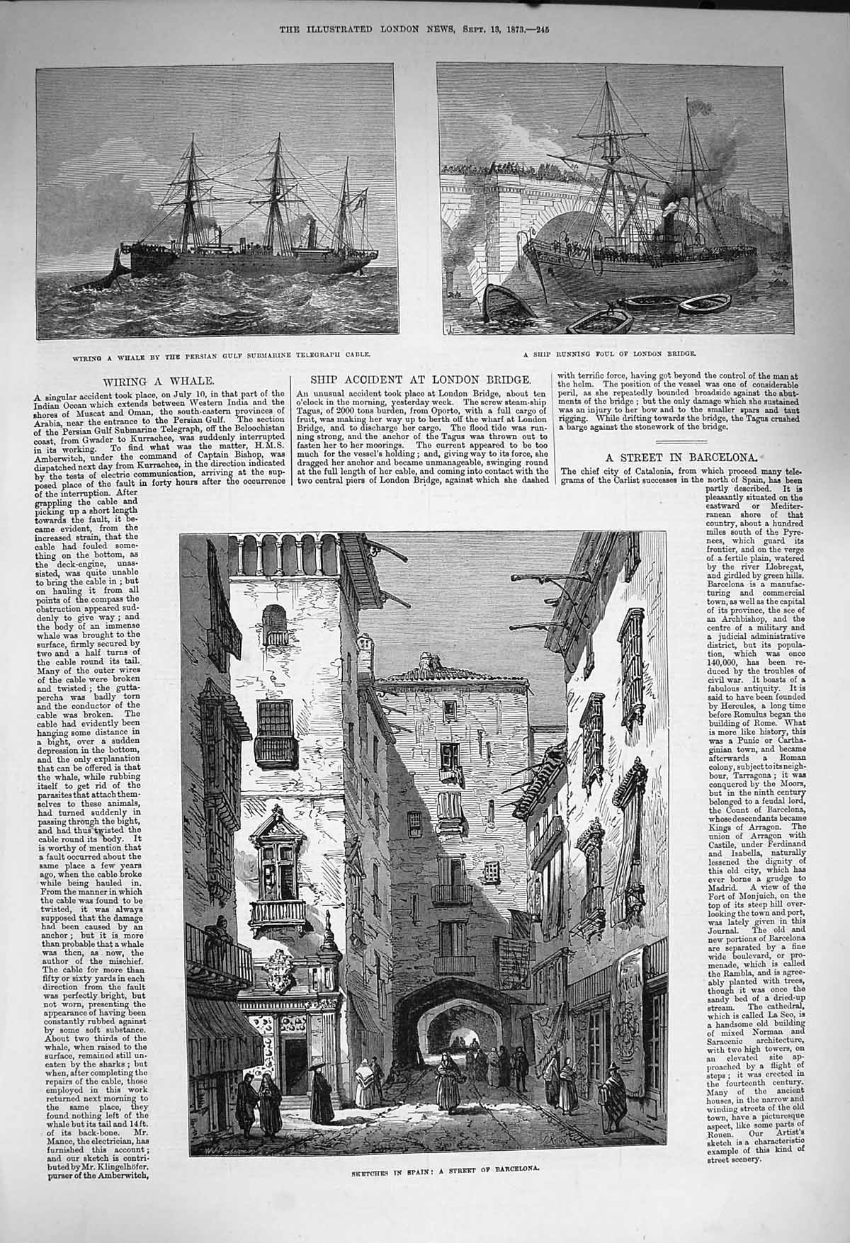 Original Old Antique Print 1873 Street Barcelona Spain Ship London Bridge Whale