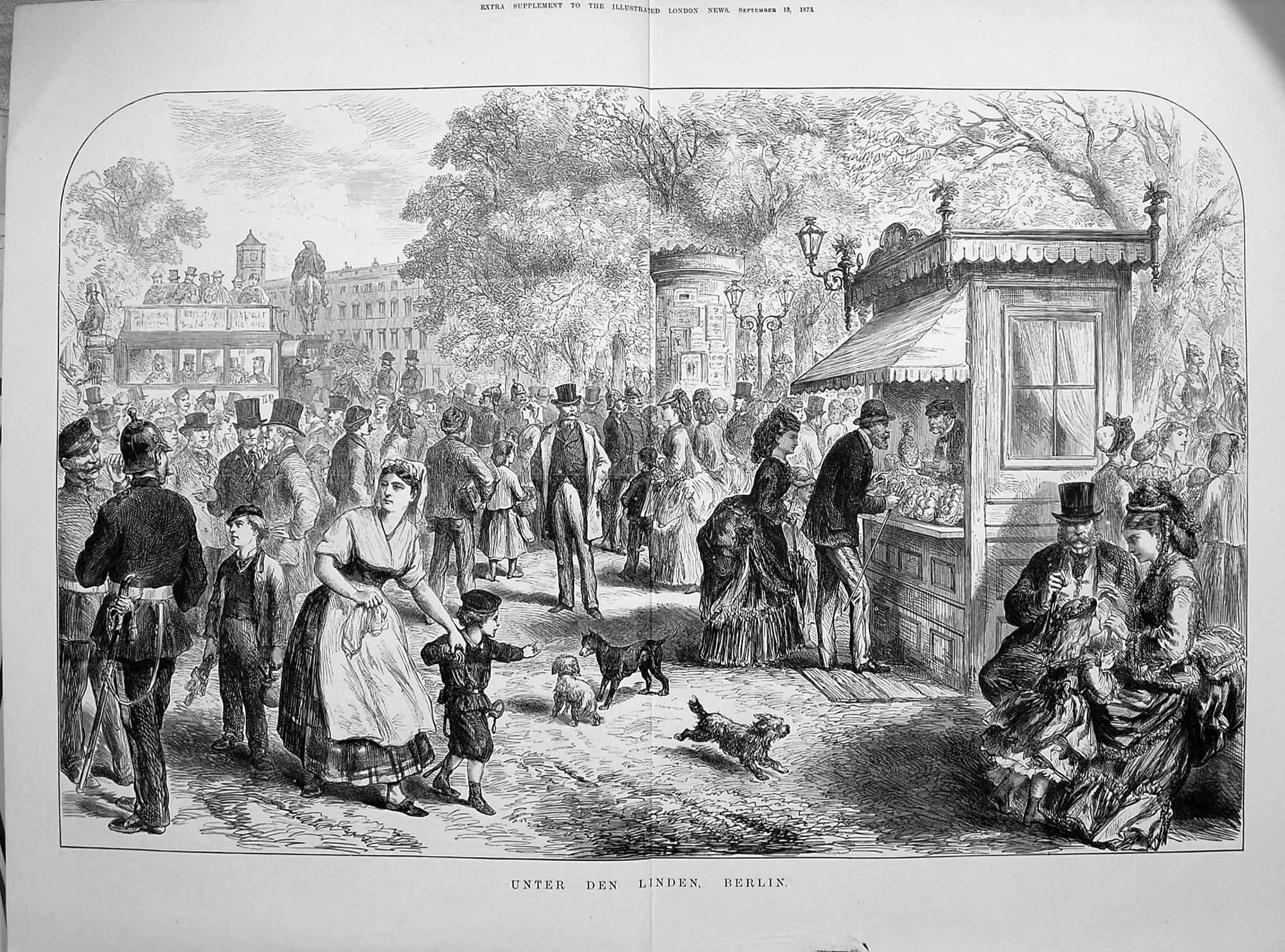 Old Antique Print 1873 Scene Under The Linden Trees Berlin People Fete 19th