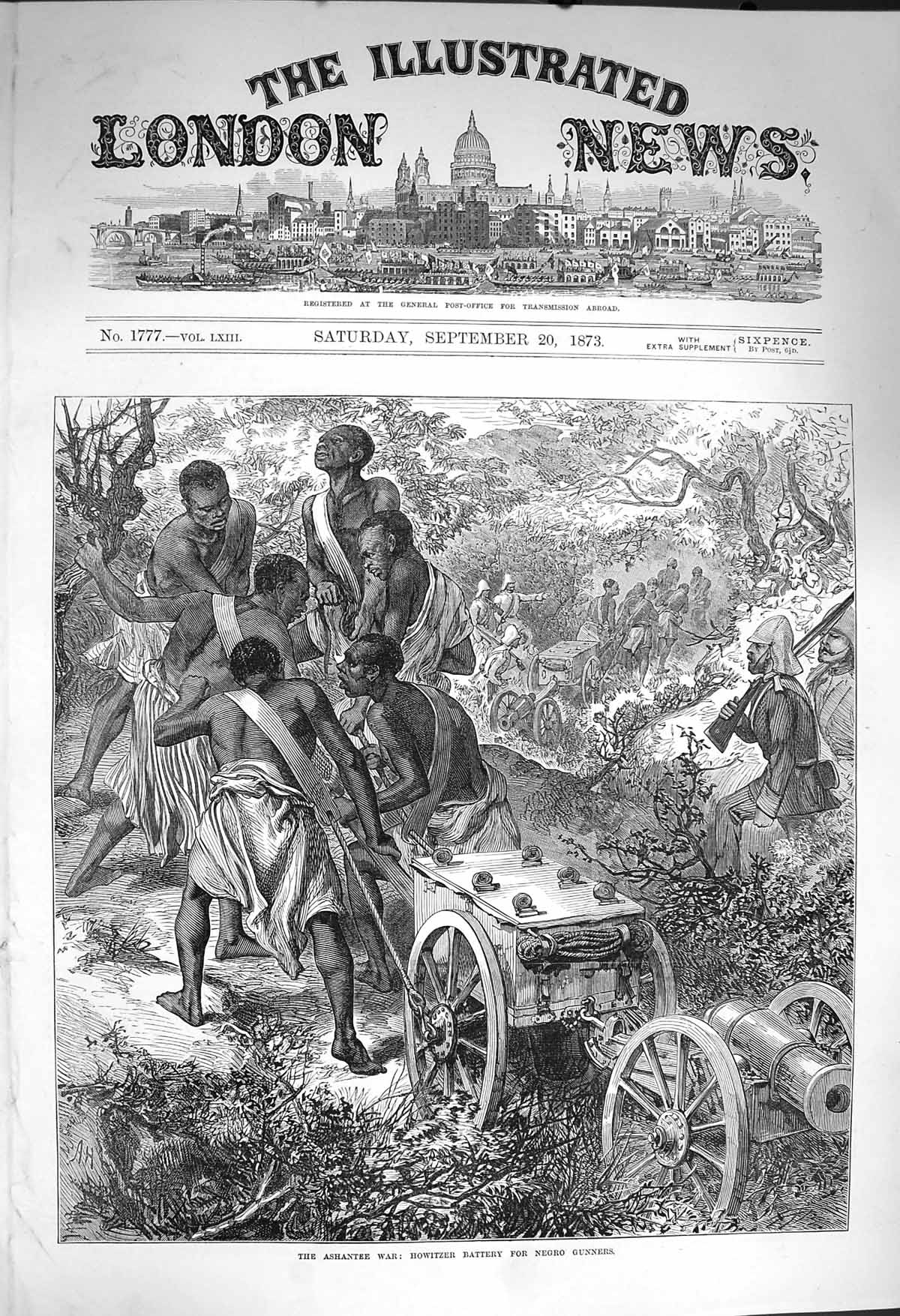 Original Old Antique Print 1873 Ashantee War Howitzer Battery Negro Gunners