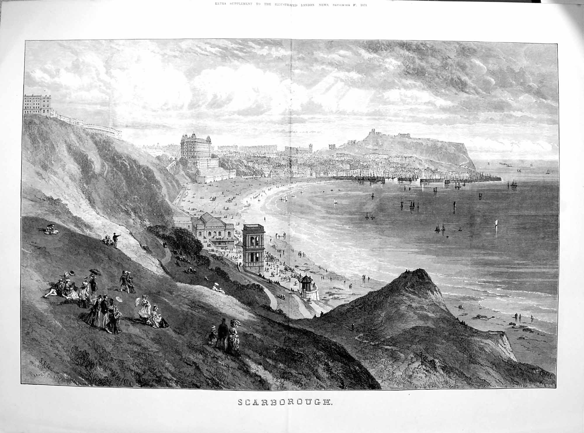 Original Old Antique Print 1873 View Scarborough Town Beach Sea F 19th