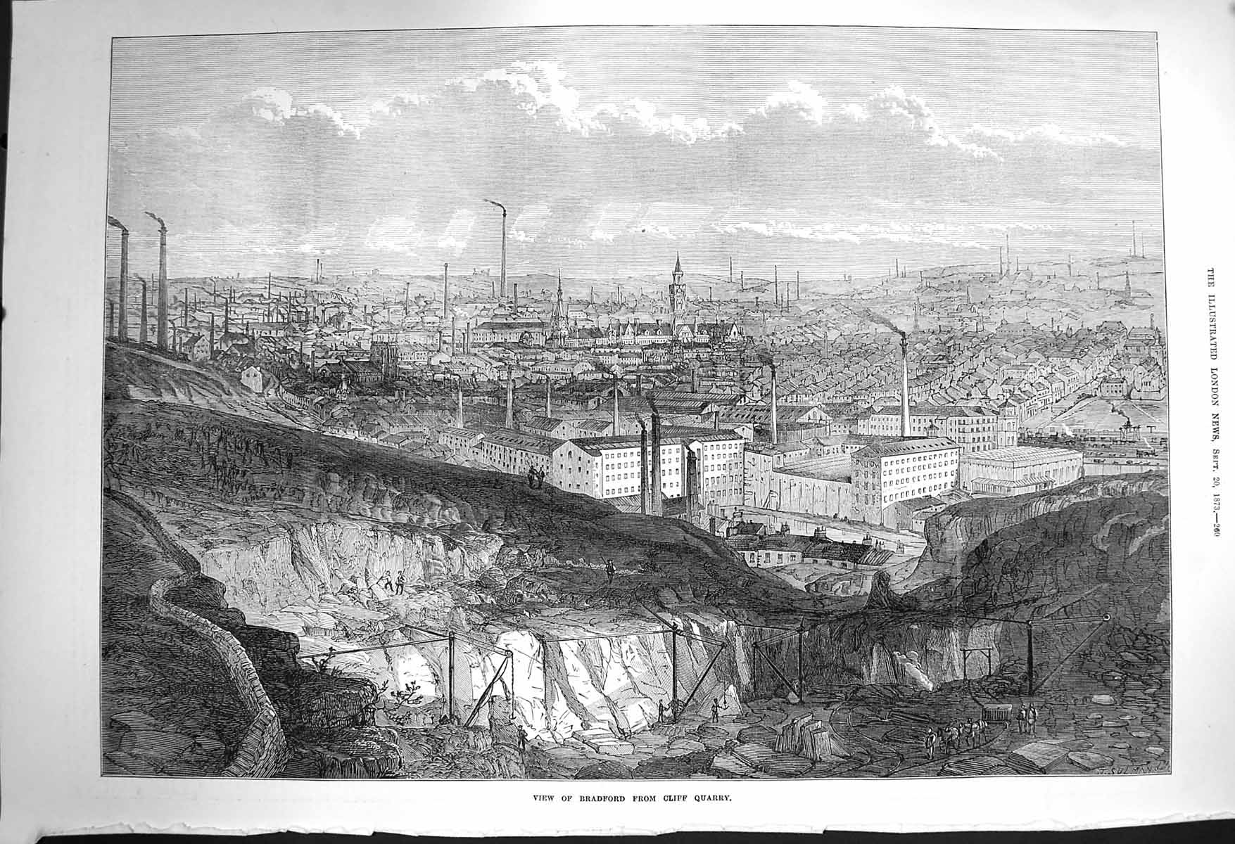 Original Old Antique Print 1873 View Bradford Cliff Quarry Smoking Chimneys