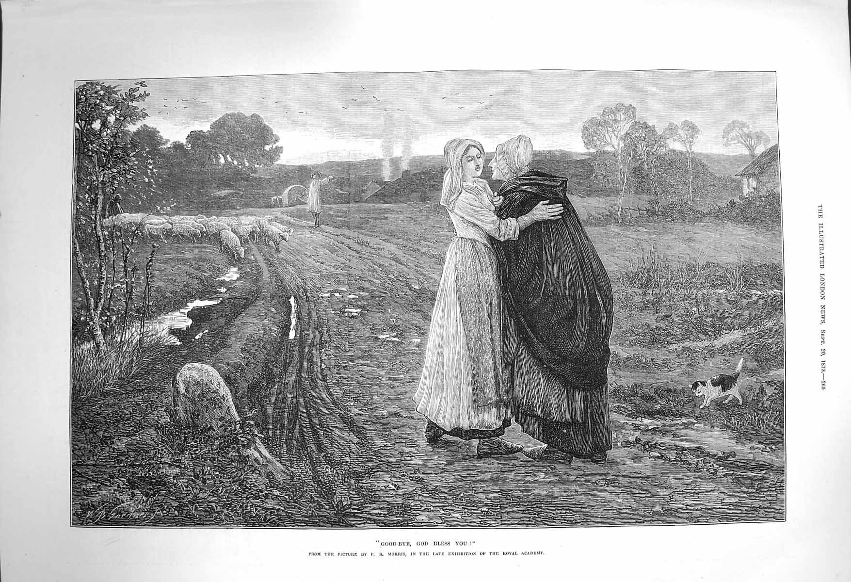 Original Old Antique Print 1873 Good-Bye God Bless You Lady Young Sheep Morris