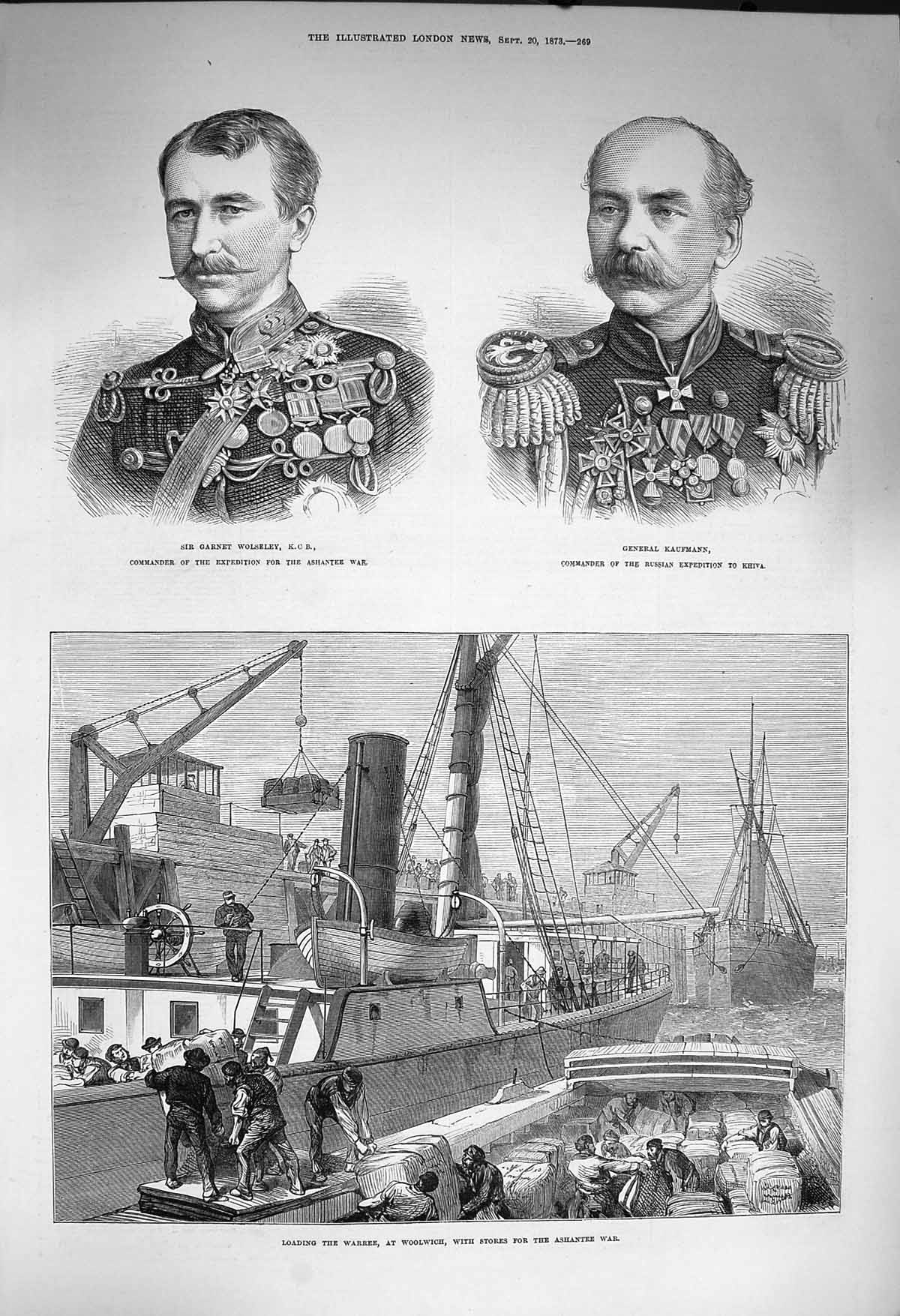 Original Old Antique Print 1873 Garnet Wolseley Kaufmann Warree Woolwich Ships