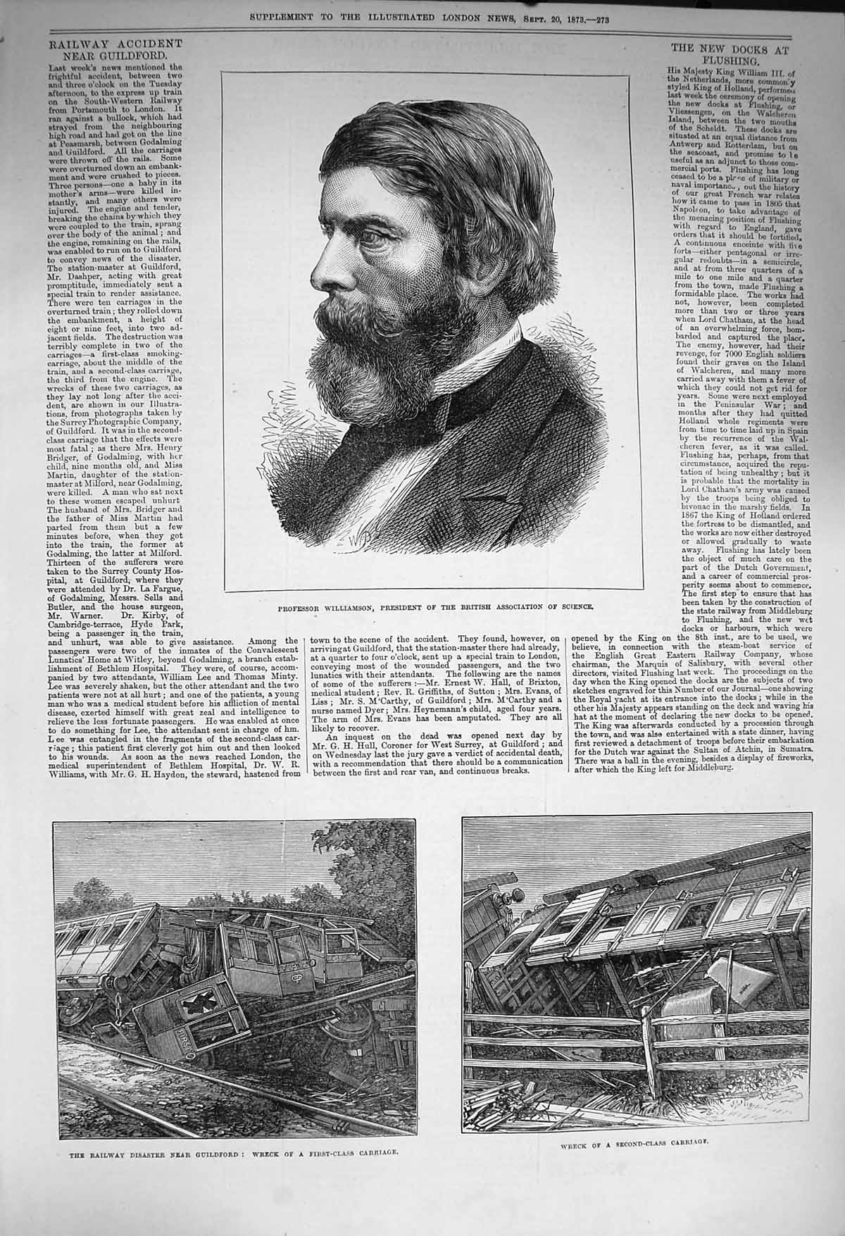 Original Old Antique Print 1873 Professor Williamson Science Railway Guildford