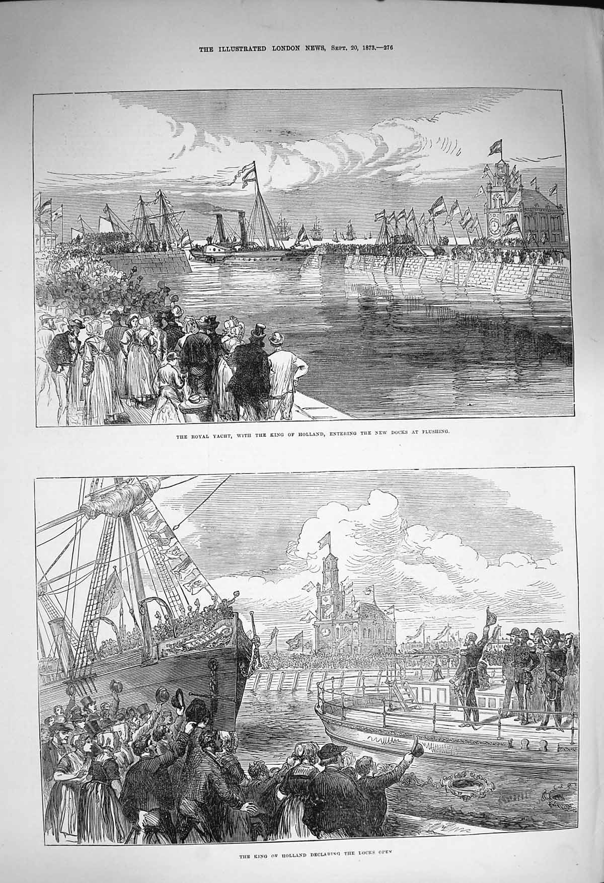 Original Old Antique Print 1873 Royal Yacht King Holland Docks Flushing Ships