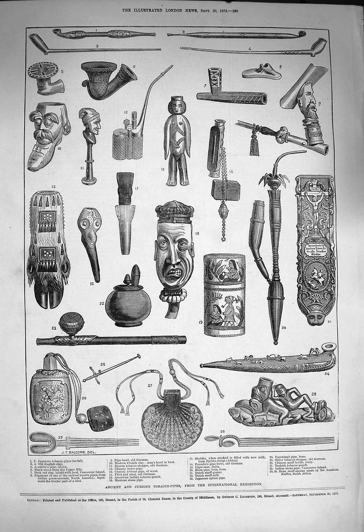 Original Old Antique Print 1873 Ancient Tobacco Pipes Japanese German Victorian