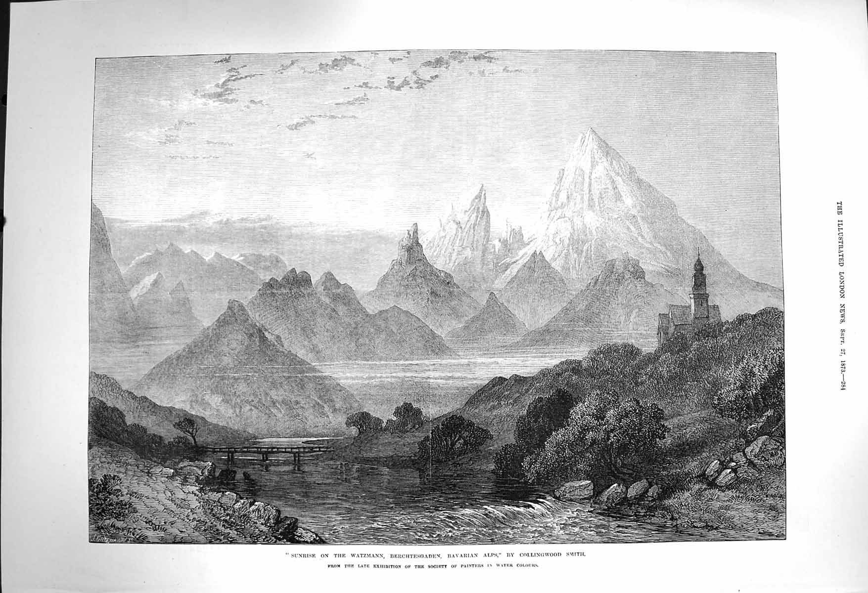 Original Old Antique Print 1873 Sunrise Watzmann Berchtesgaden Bavarian Alps